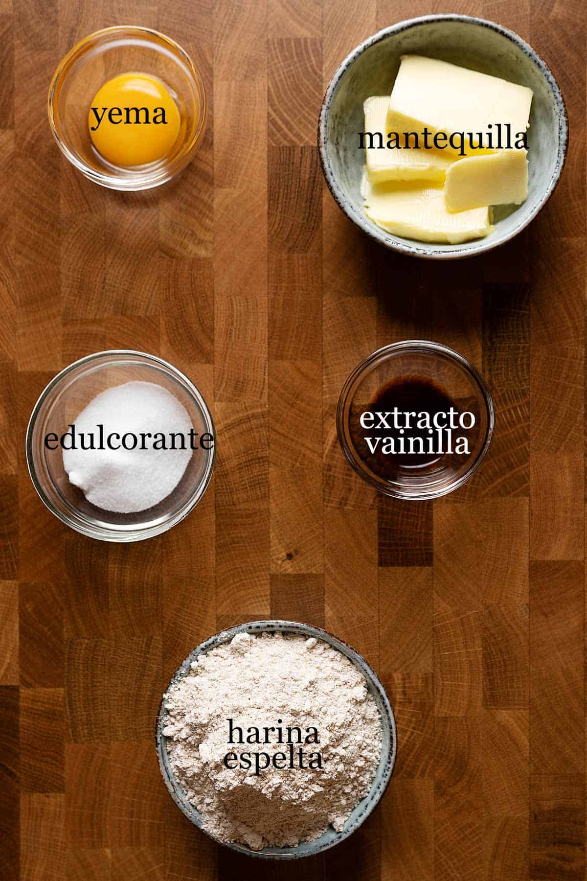 ingredientes para masa de tartaletas con harina de espelta.