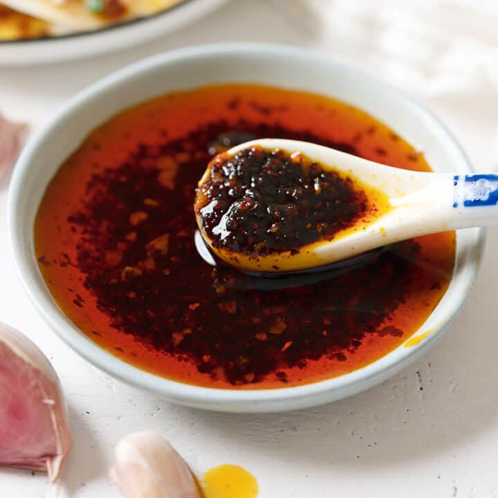 Spooning garlic chili oil