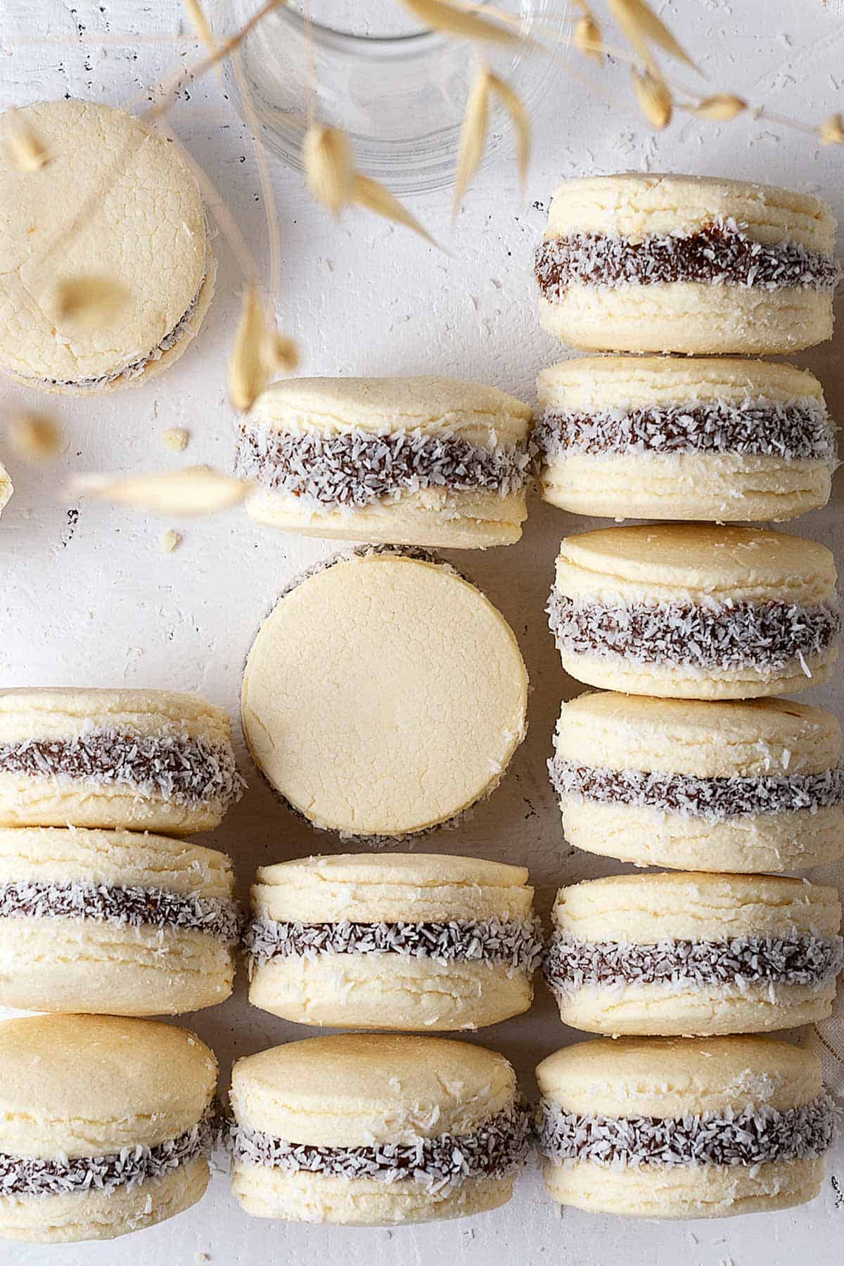 Close up Argentine alfajores in 3 stacks