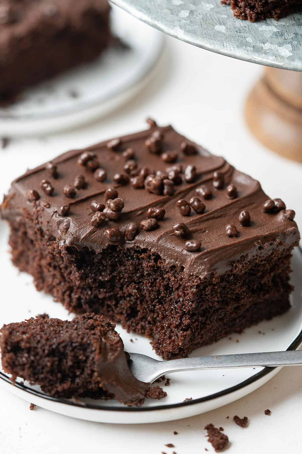 A piece of healthy chocolate sheet cake eaten in a plate