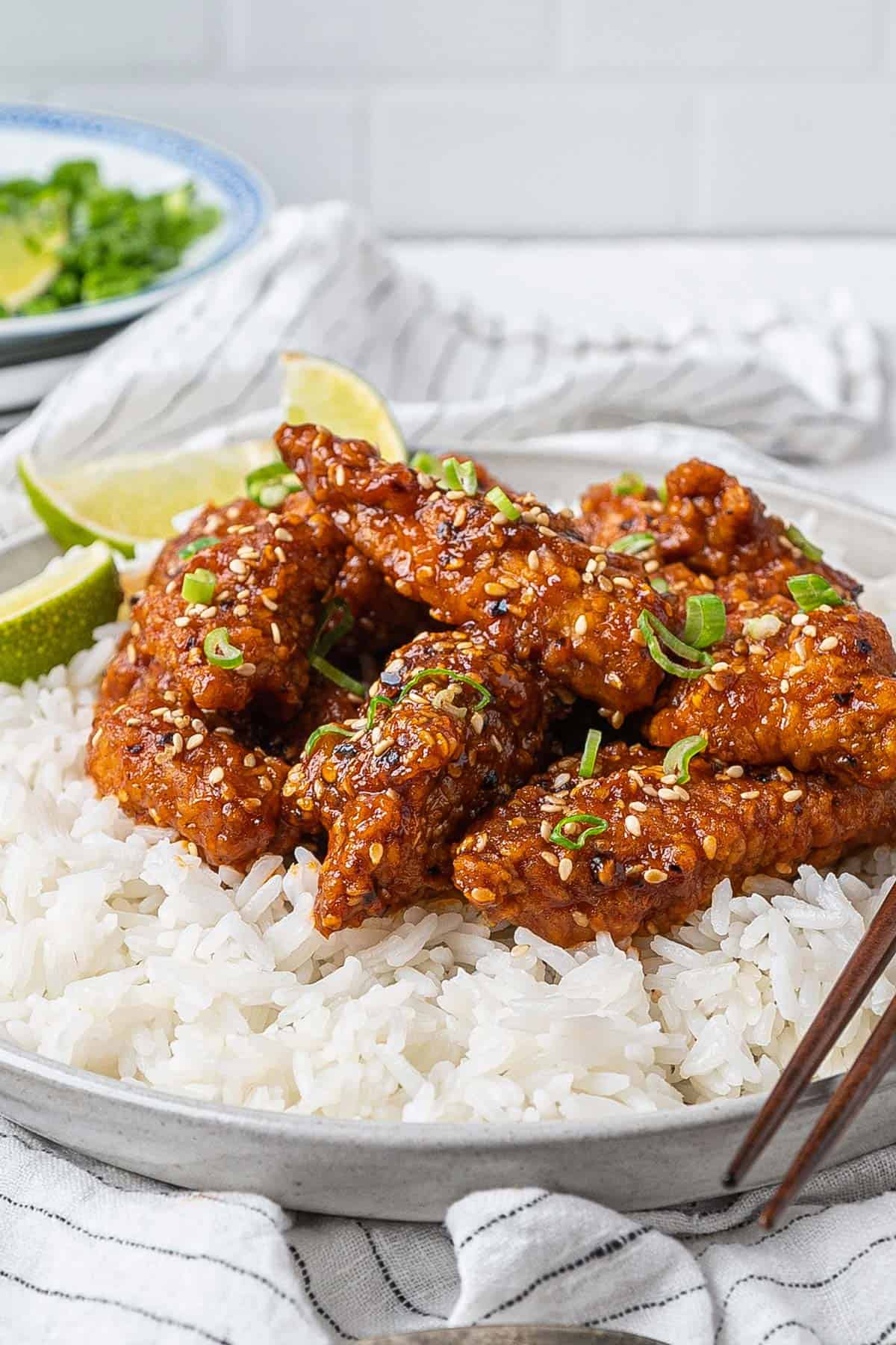 Crispy sesame chicken in a plate with some rice view from front