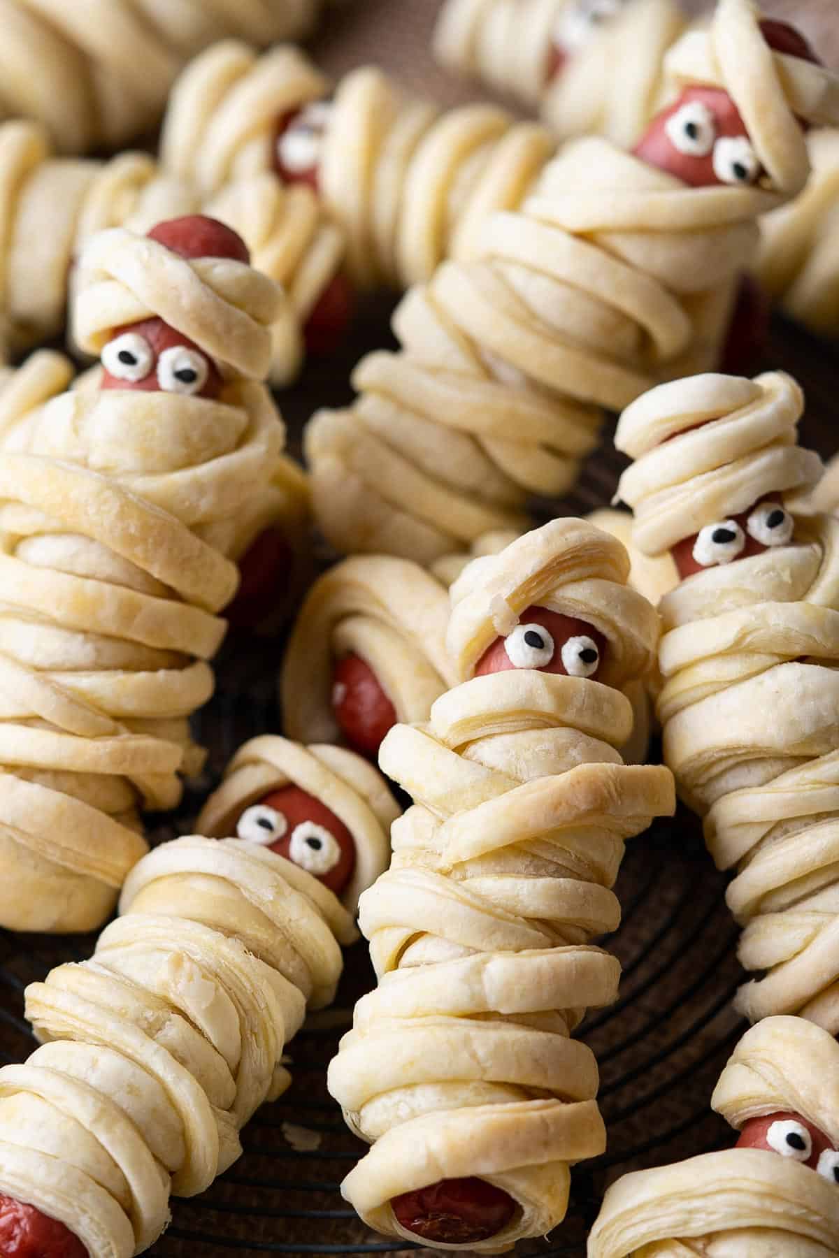 Close up of hot dog mummies
