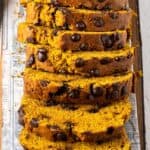 Slices of healthy chocolate chip pumpkin bread