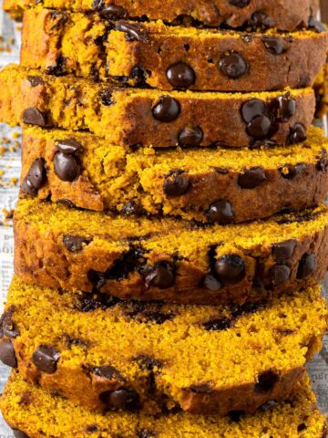 Slices of healthy chocolate chip pumpkin bread