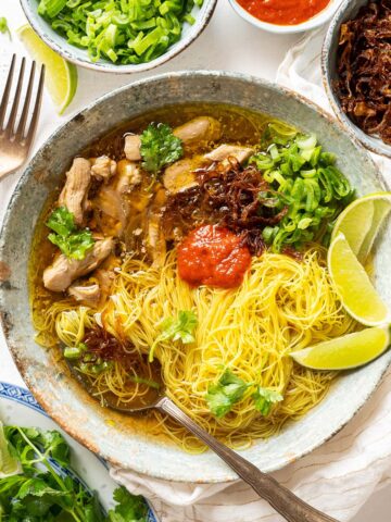 Lemongrass ginger chicken soup with turmeric rice noodles