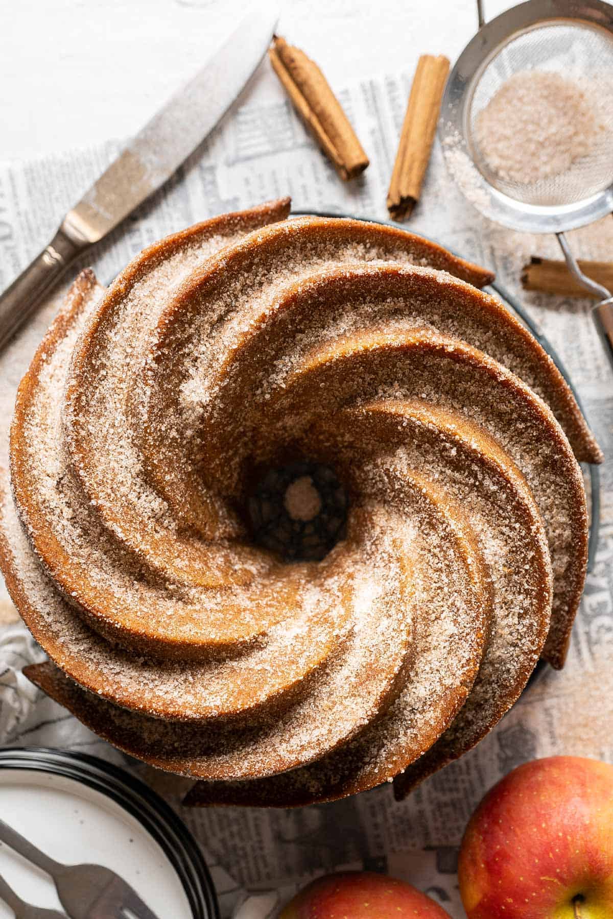 Healthy apple cider doughnut cake view from top