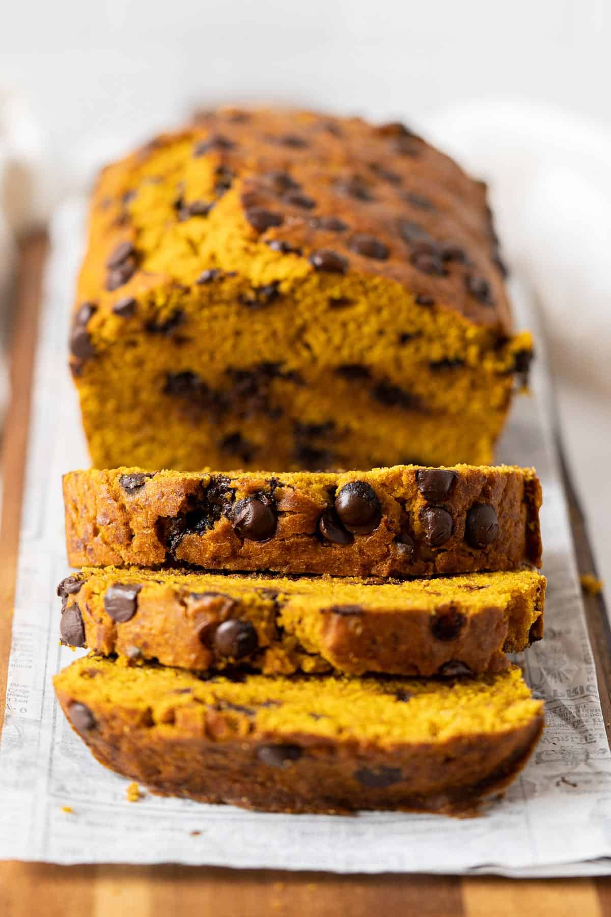 Sliced healthy chocolate chip pumpkin bread view from front