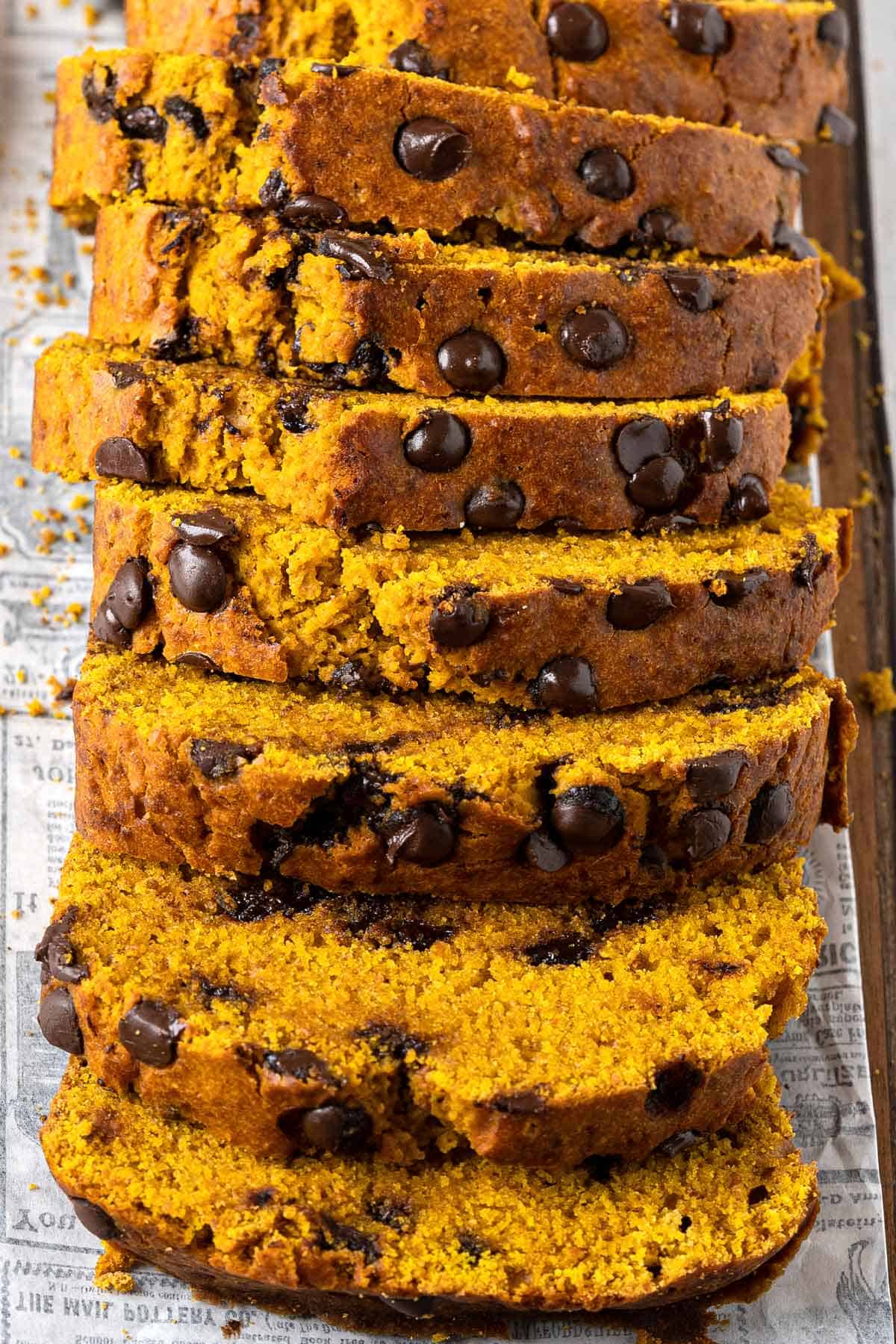 Slices of healthy chocolate chip pumpkin bread