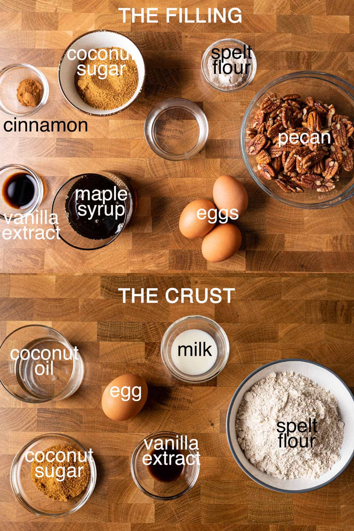 Ingredients to make healthy pecan pie without corn syrup