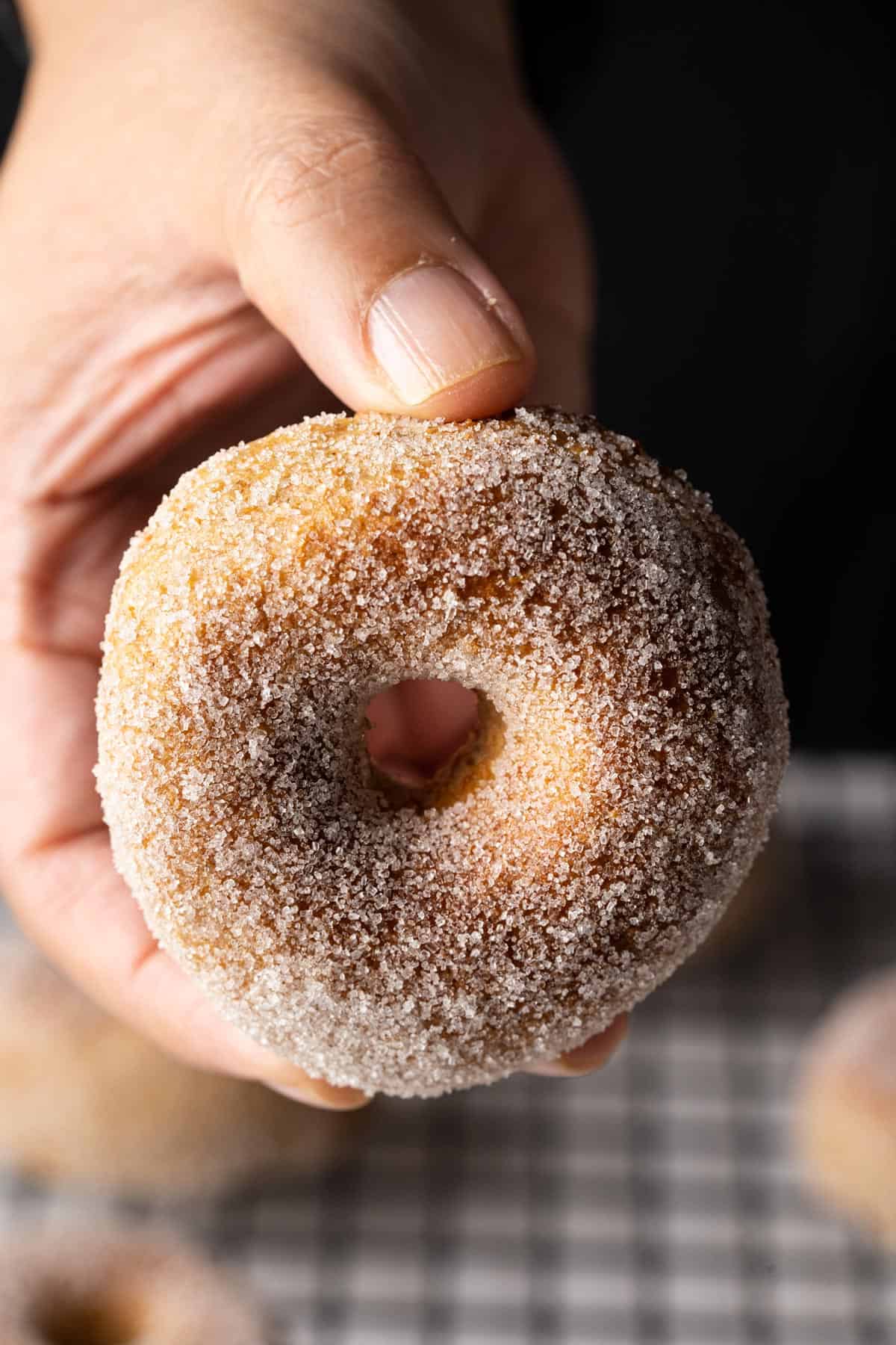 Holding a piece of whole wheat air fryer donut