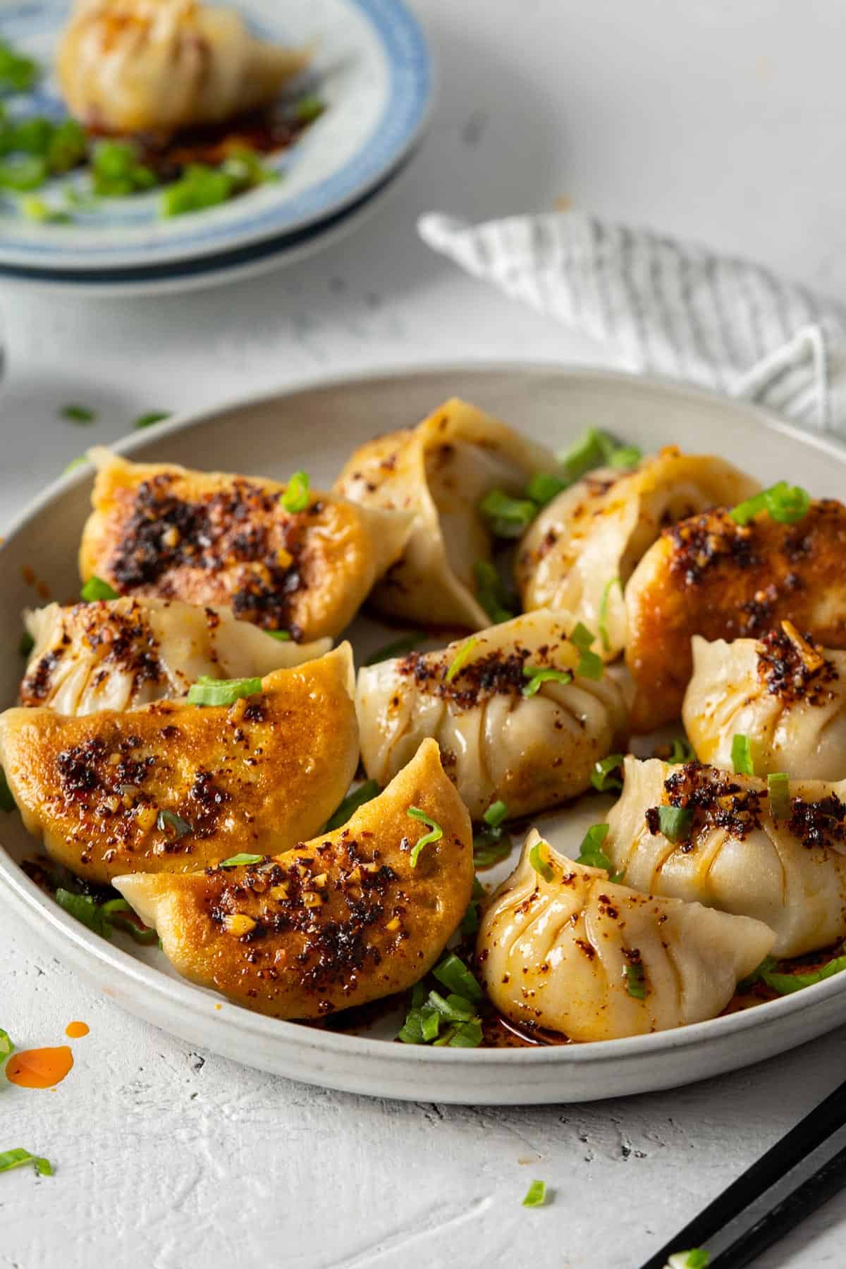 Cooked potstickers in a plate view from front