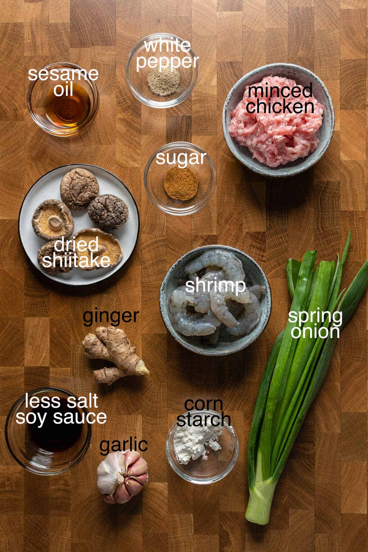 Ingredients to make crispy bottoms chicken and shrimp potstickers