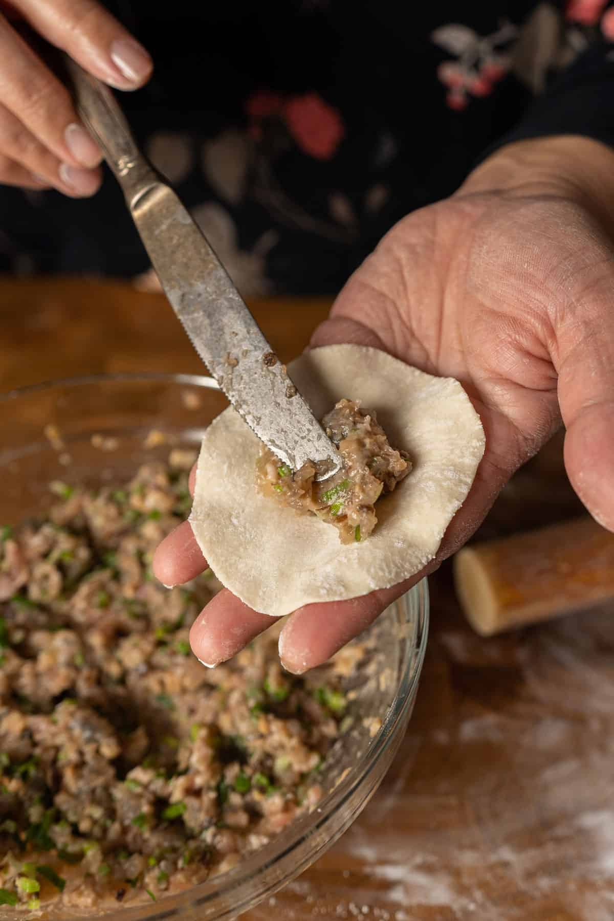 Putting the filling on a potsticker wrapper