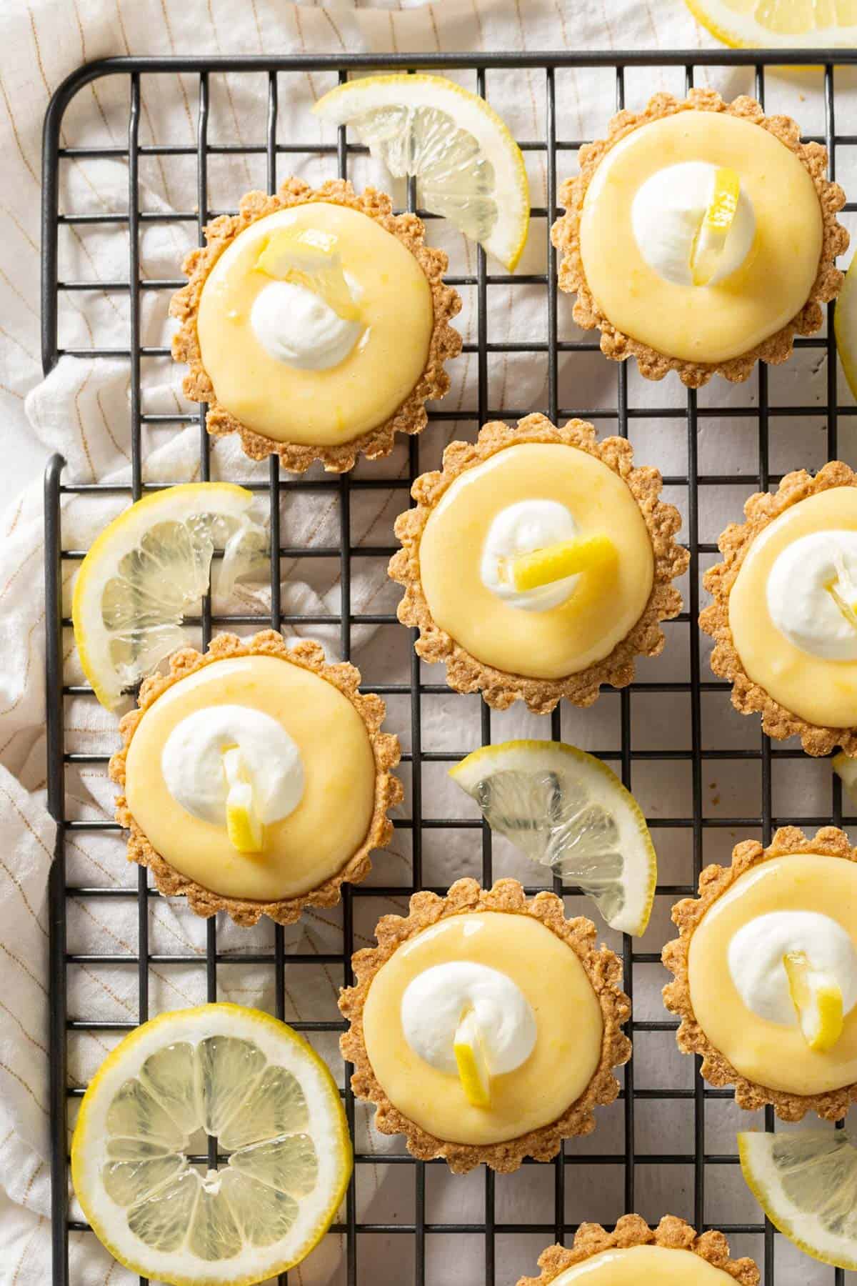 Healthy lemon tarts in a rack view from top