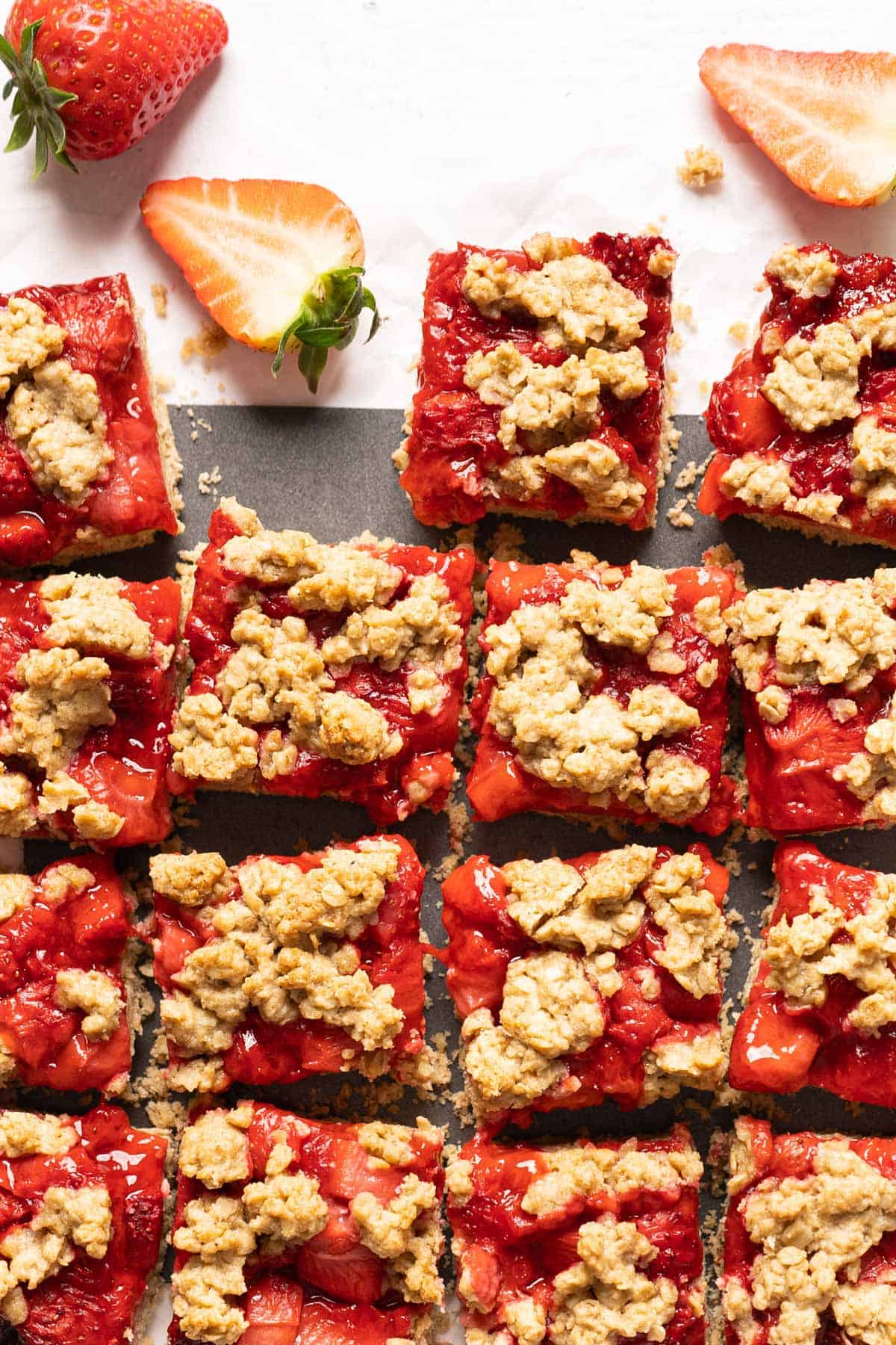 Sliced healthy strawberry oatmeal bars view from top.