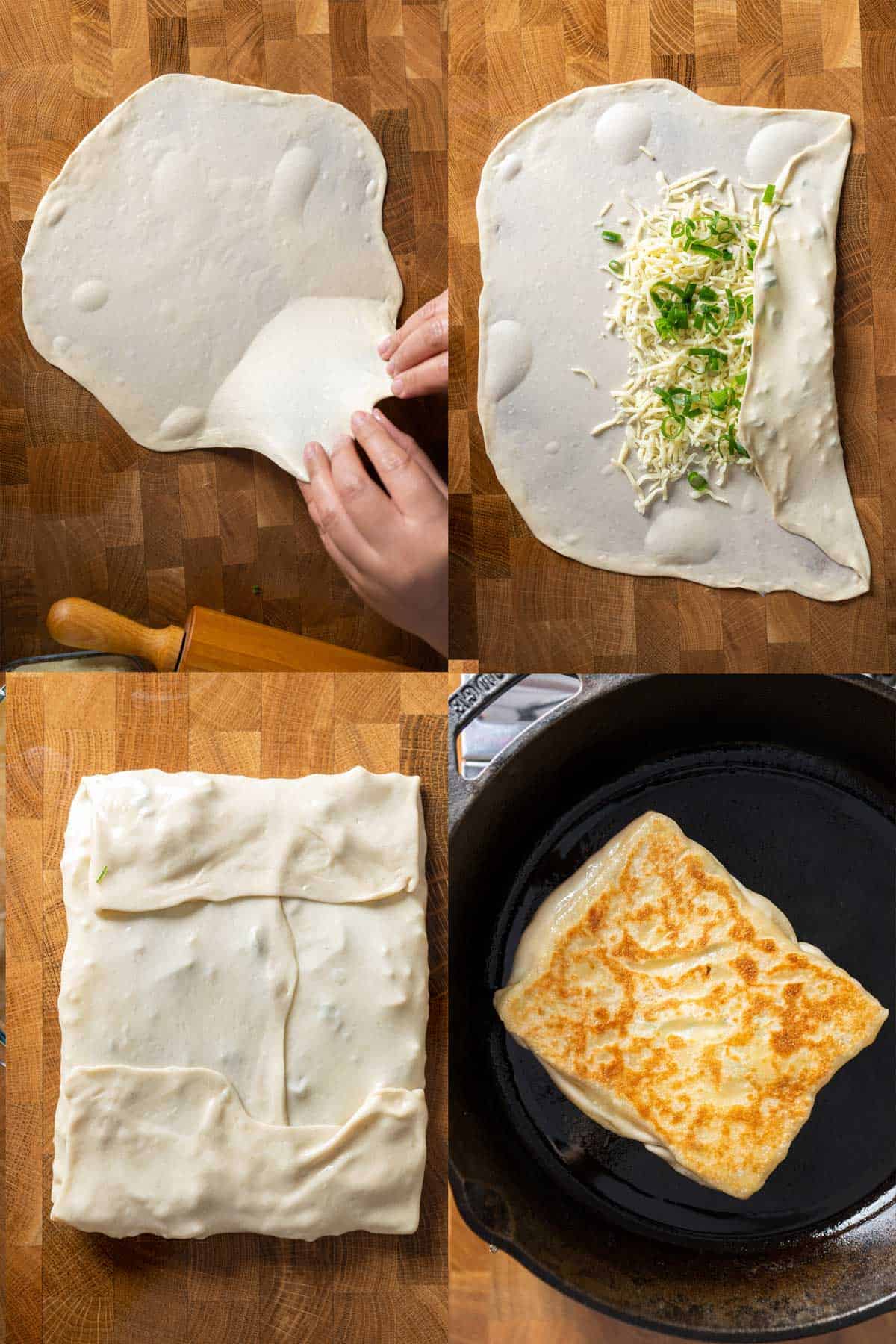 Steps in making cheese roti canai