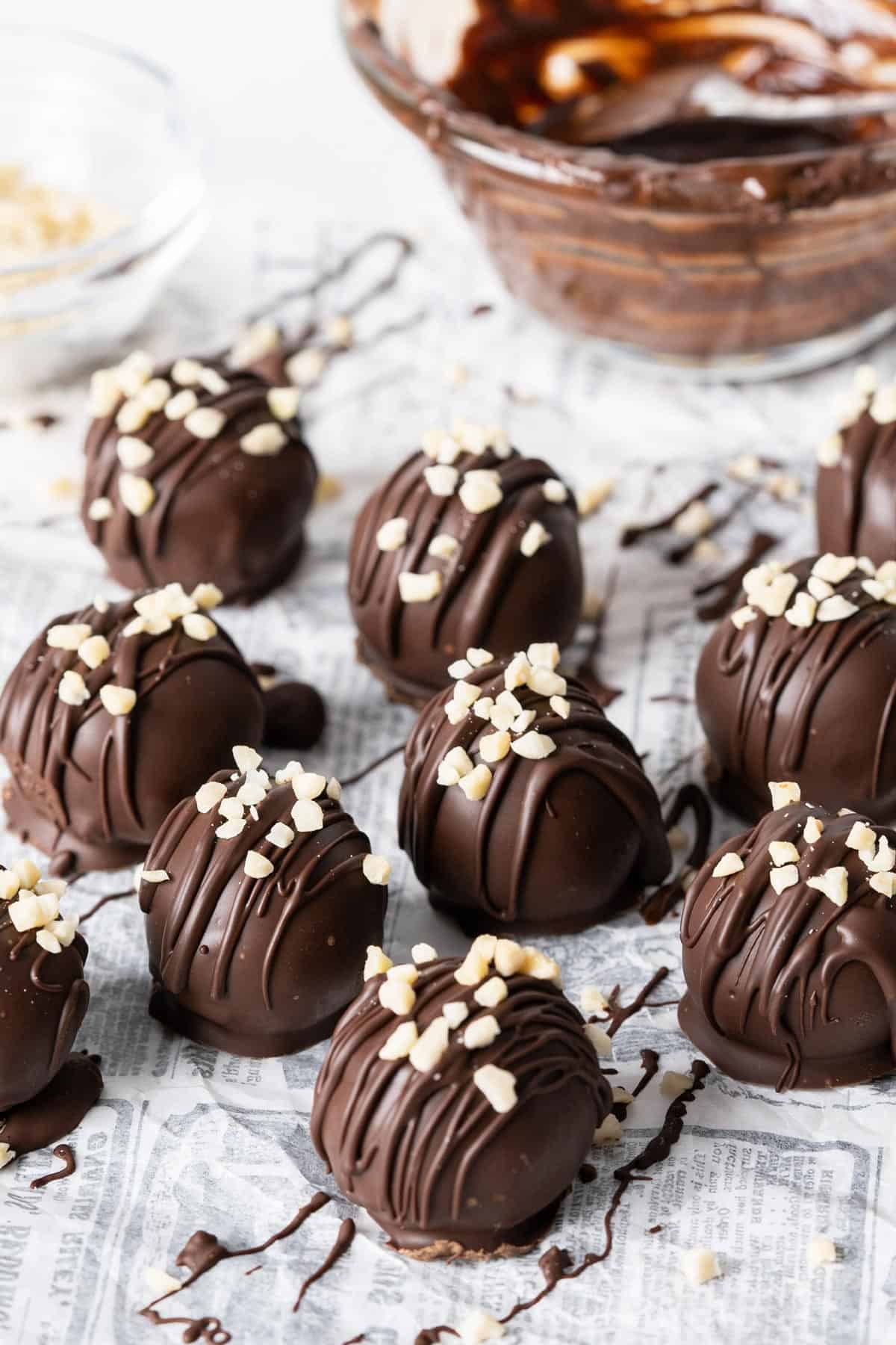 4-ingredient almond chocolate bombs on a piece of paper.