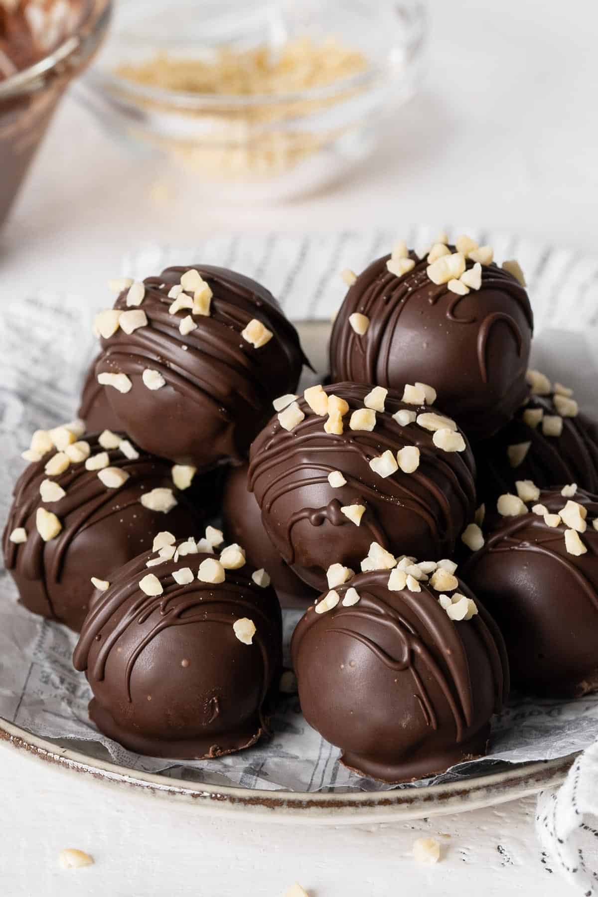 4-ingredient almond chocolate bombs on a plate.