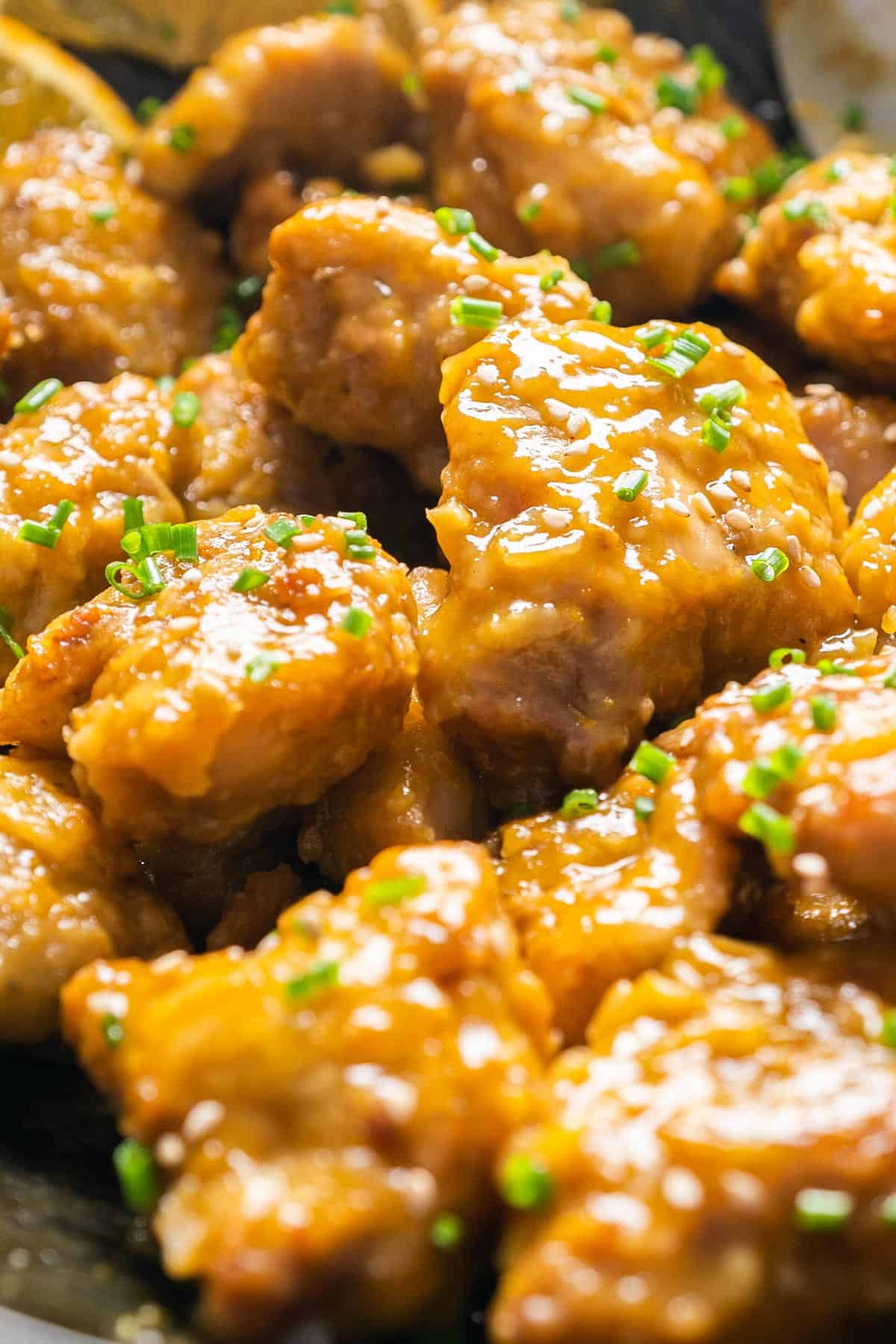 Close up of air-fryer orange chicken.