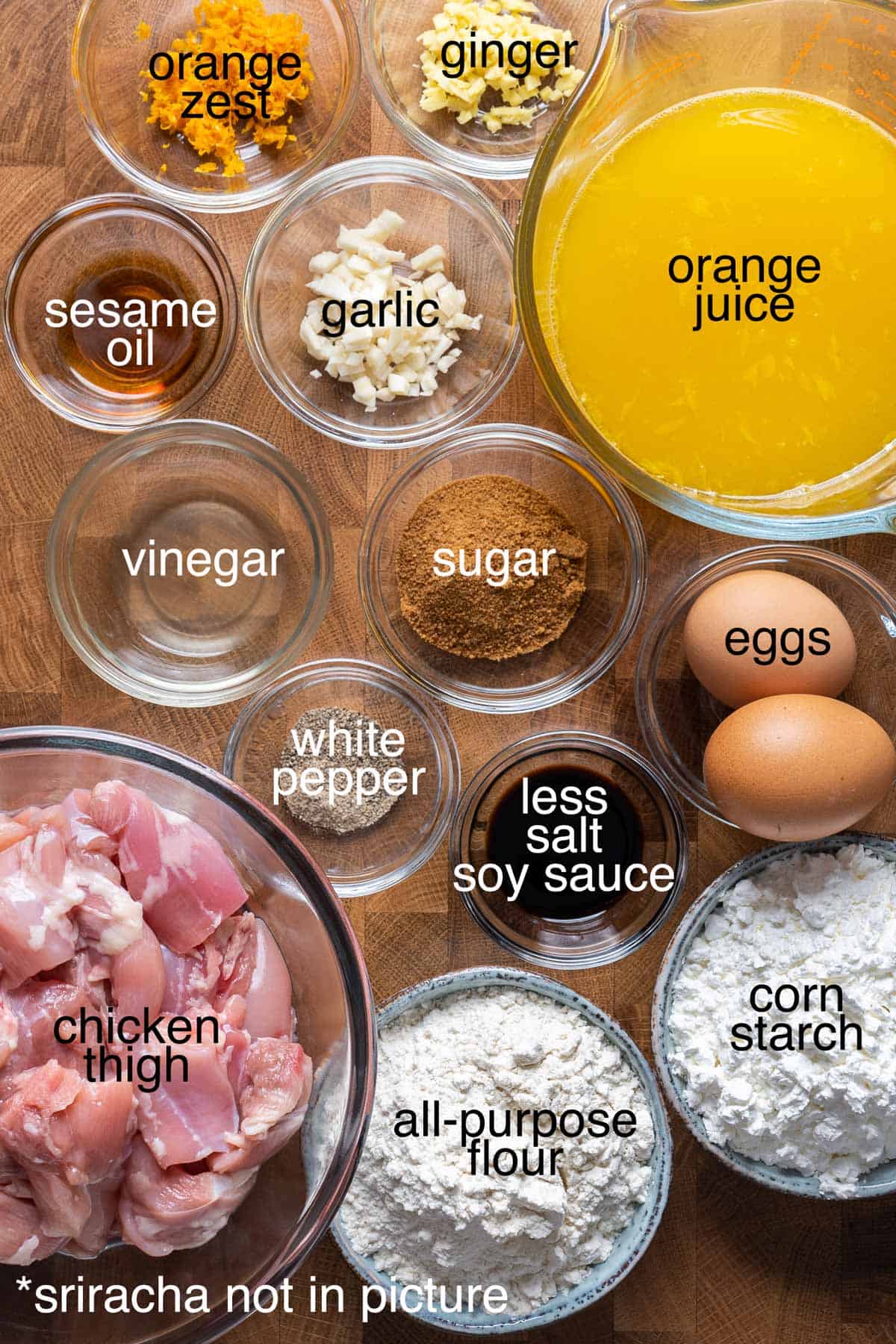 Ingredients to make air-fryer orange chicken.