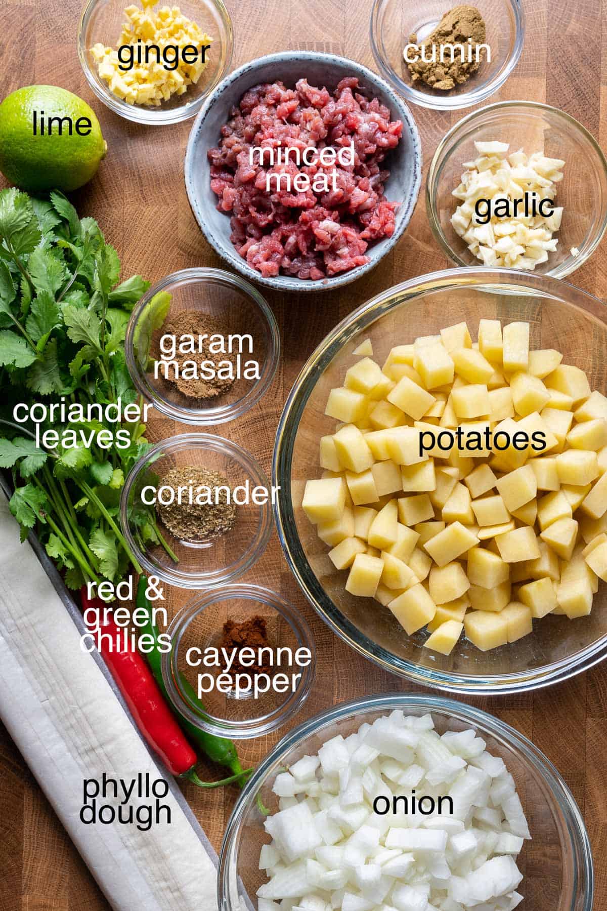 Ingredients to make baked potato phyllo samosa coils.