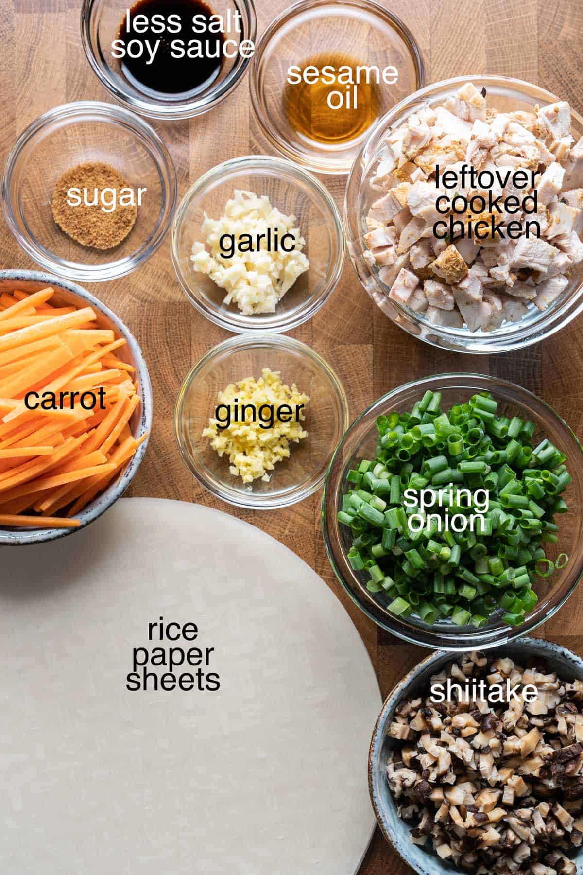 Ingredients to make crispy rice paper dumplings.
