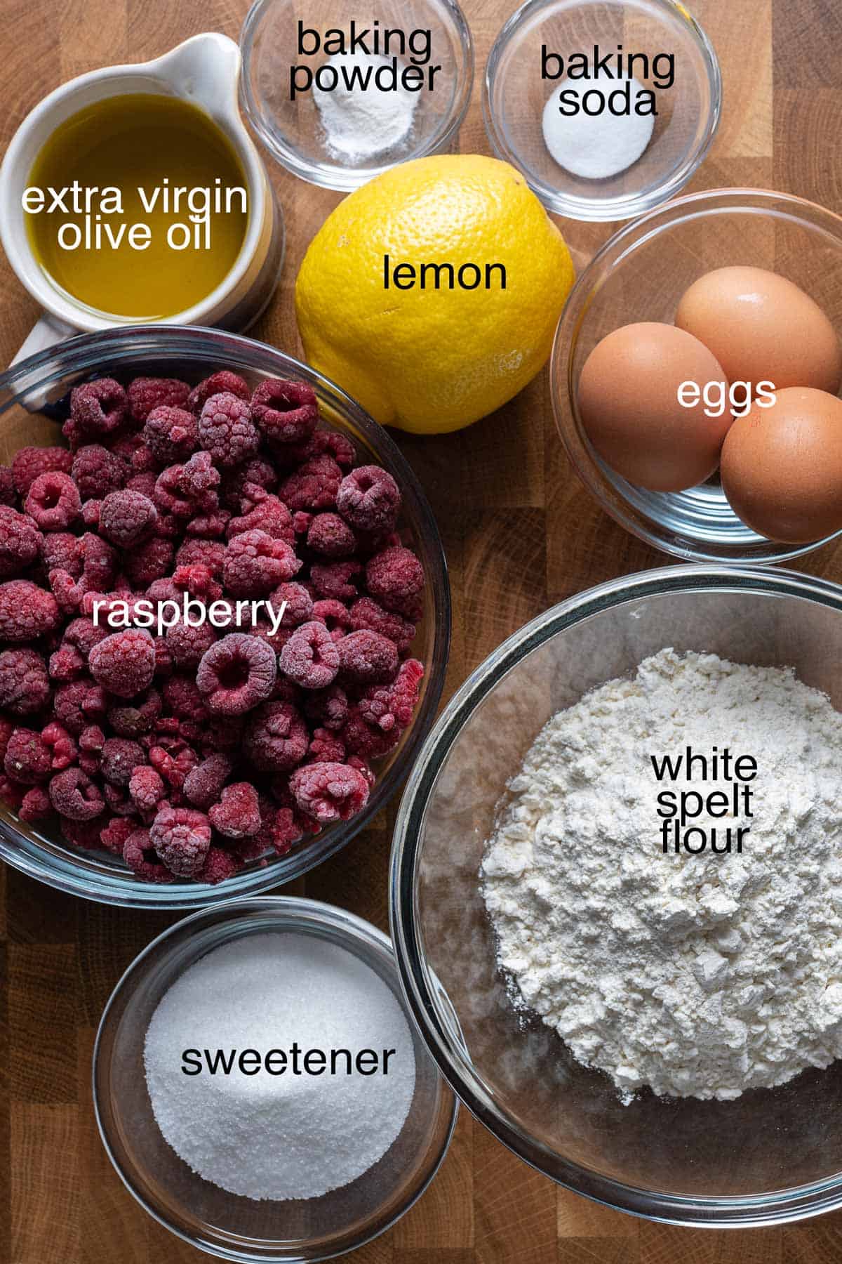 Ingredients to make healthy olive oil raspberry swirl cake