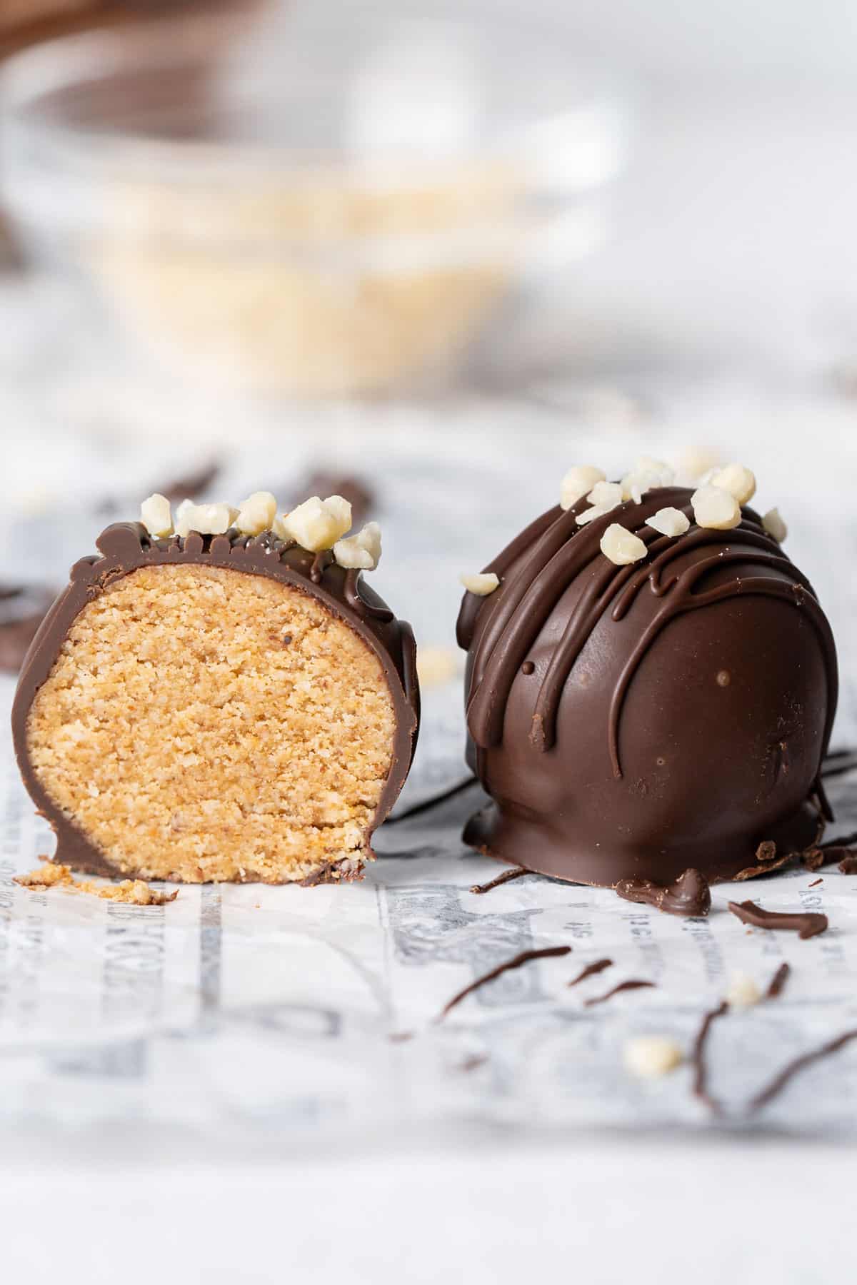 Half-cut almond chocolate bomb.