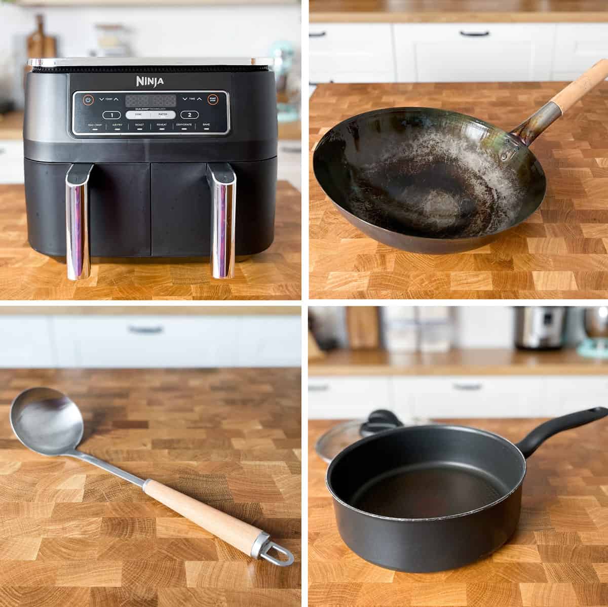 Utensils to use to make air-fryer orange chicken.