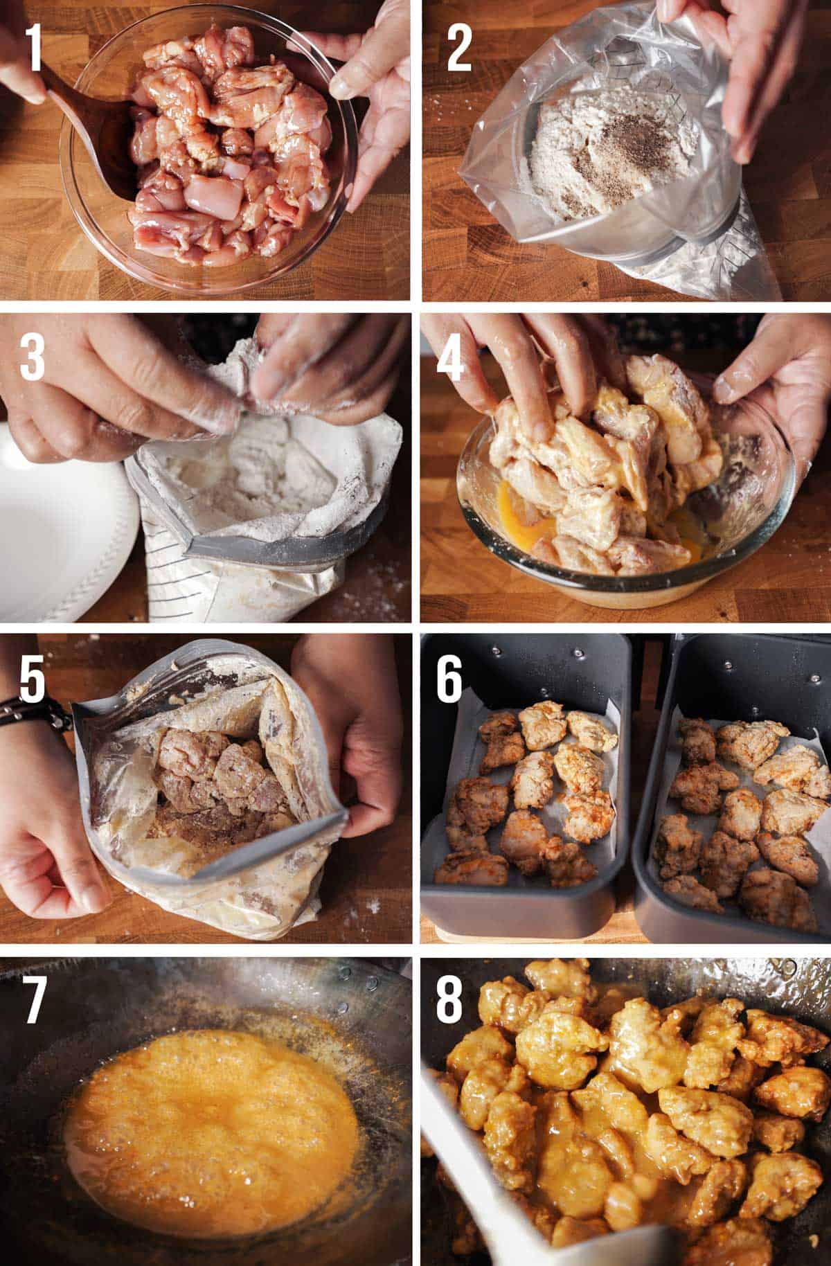 Process on how to make healthier air-fryer orange chicken.