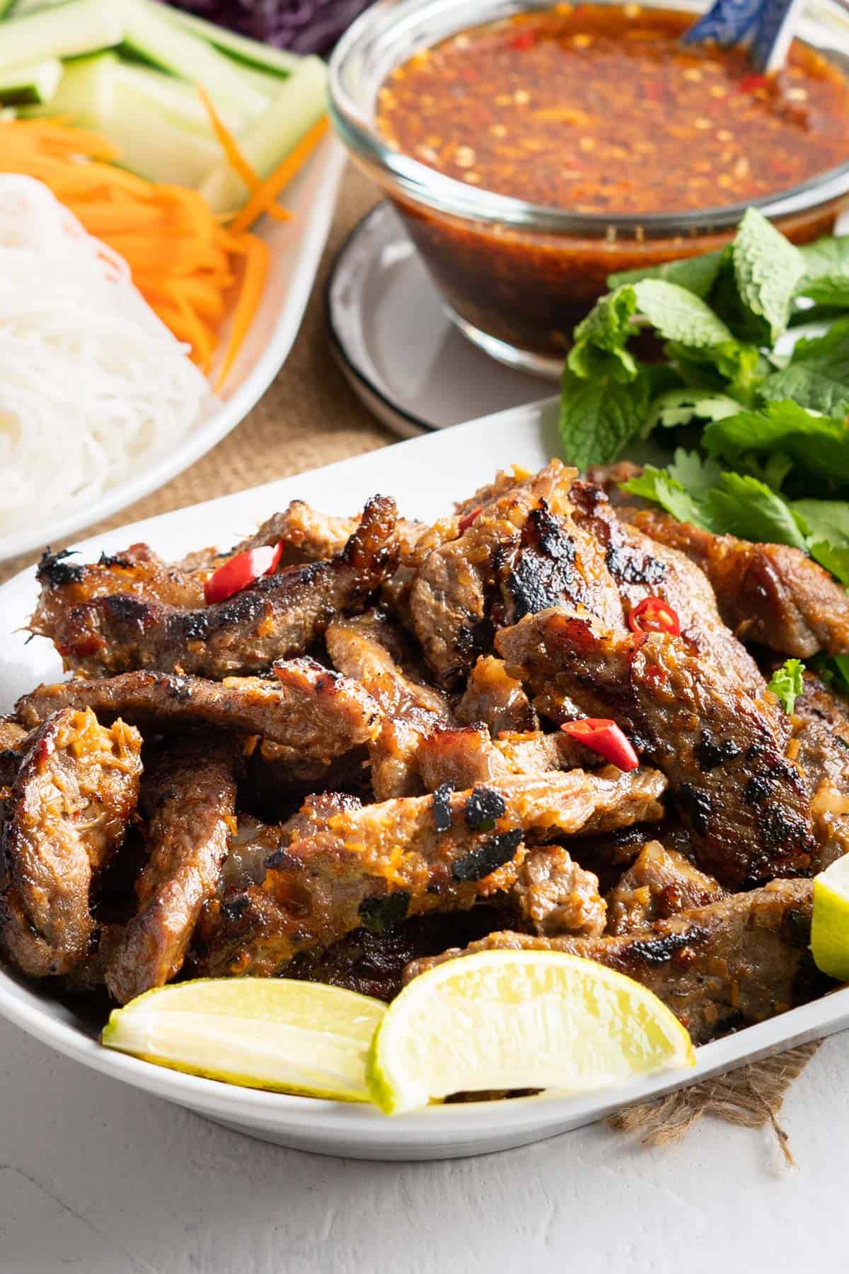 Grilled beef for Vietnamese lemongrass noodles salad.