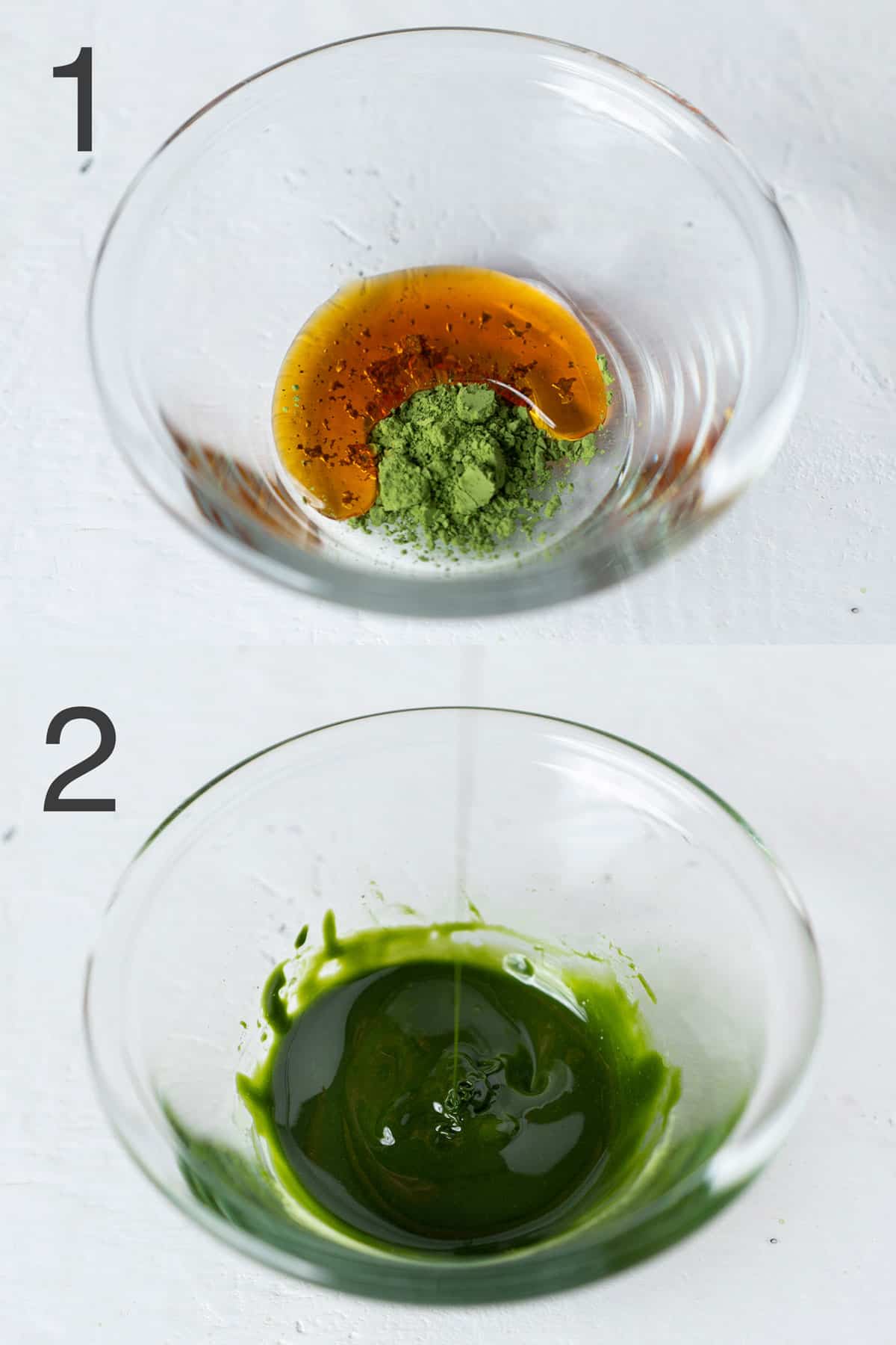 Dissolving matcha using liquid sweetener and a spoon.