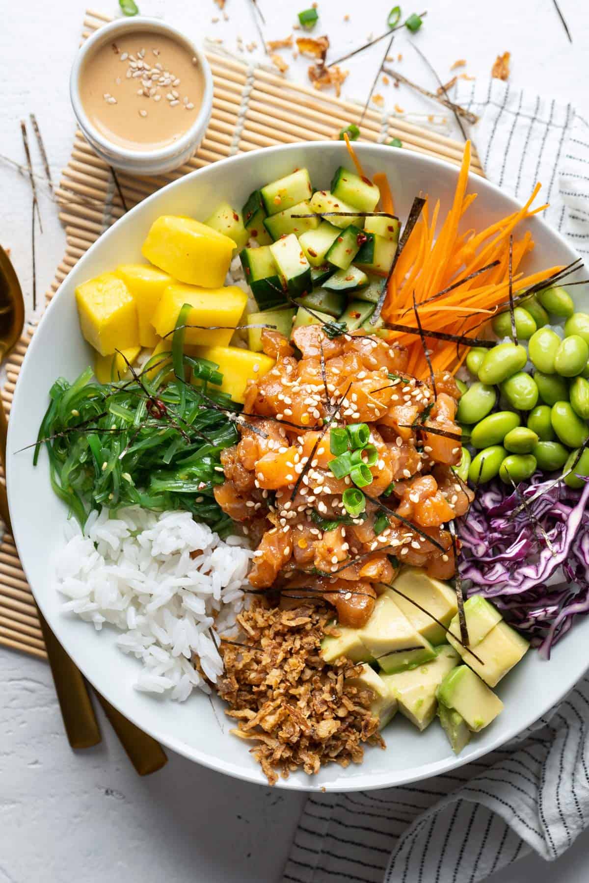 Easy spicy salmon poke bowl view from top.