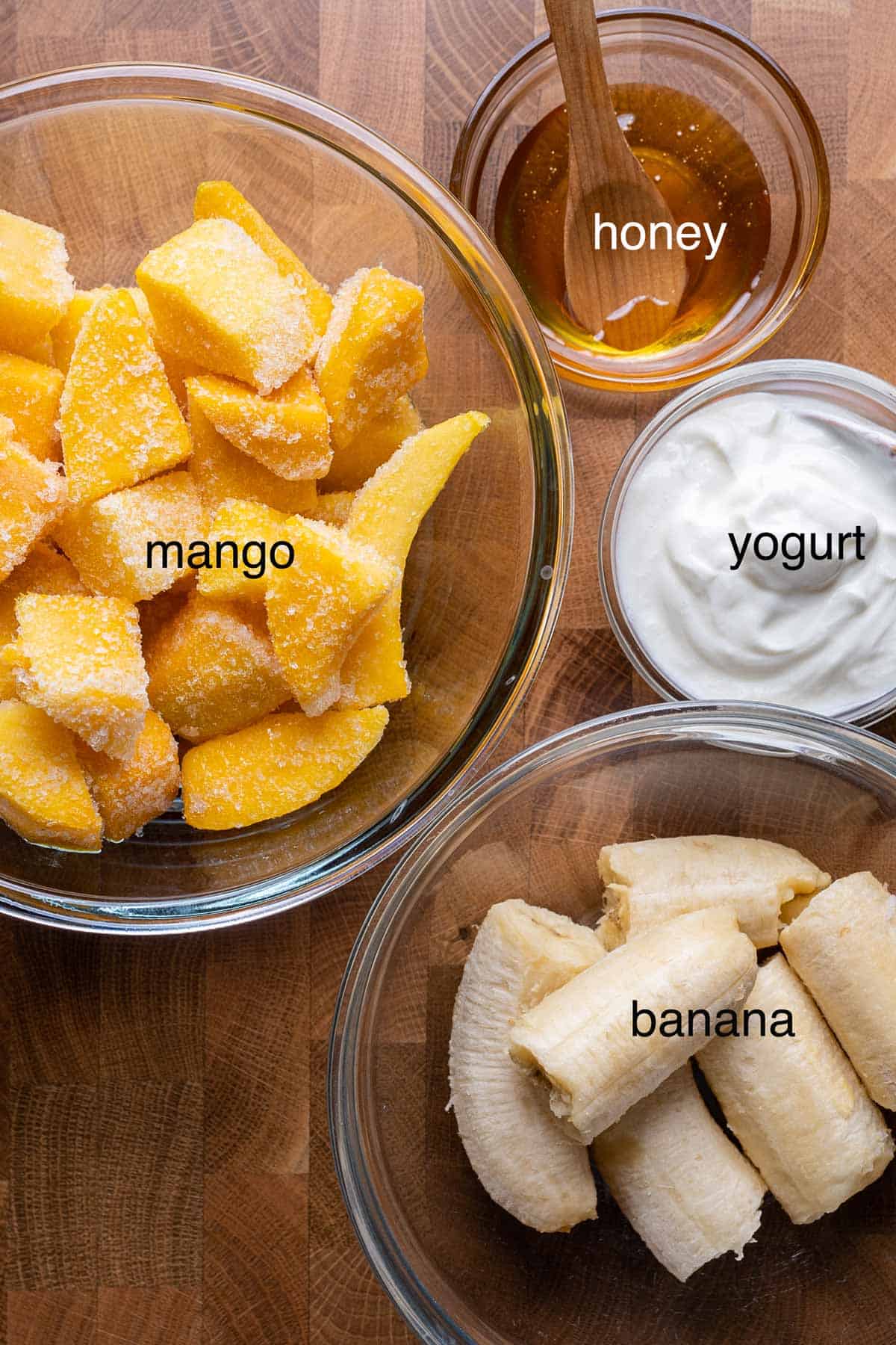 Ingredients to make healthy no-churn mango ice cream.