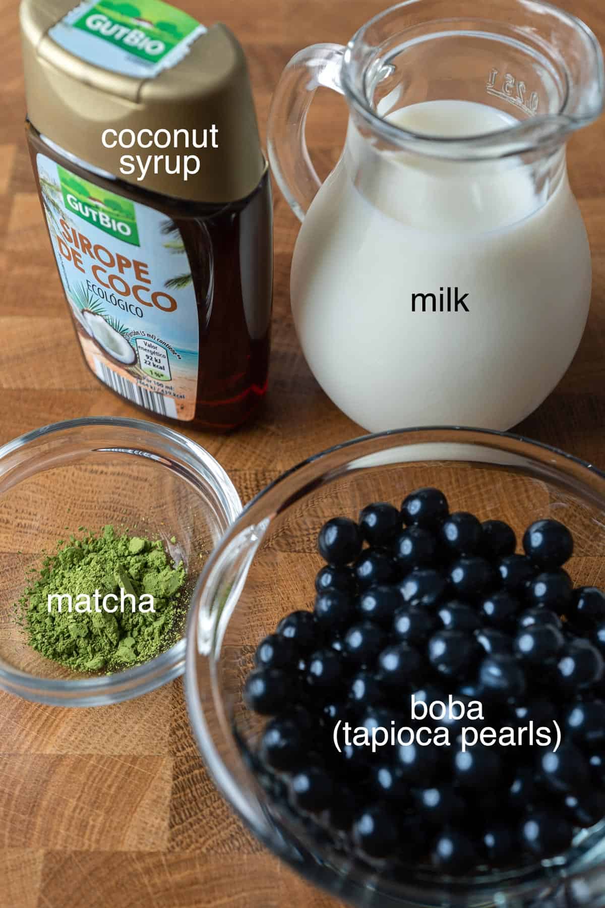 Ingredients to make matcha boba tea.