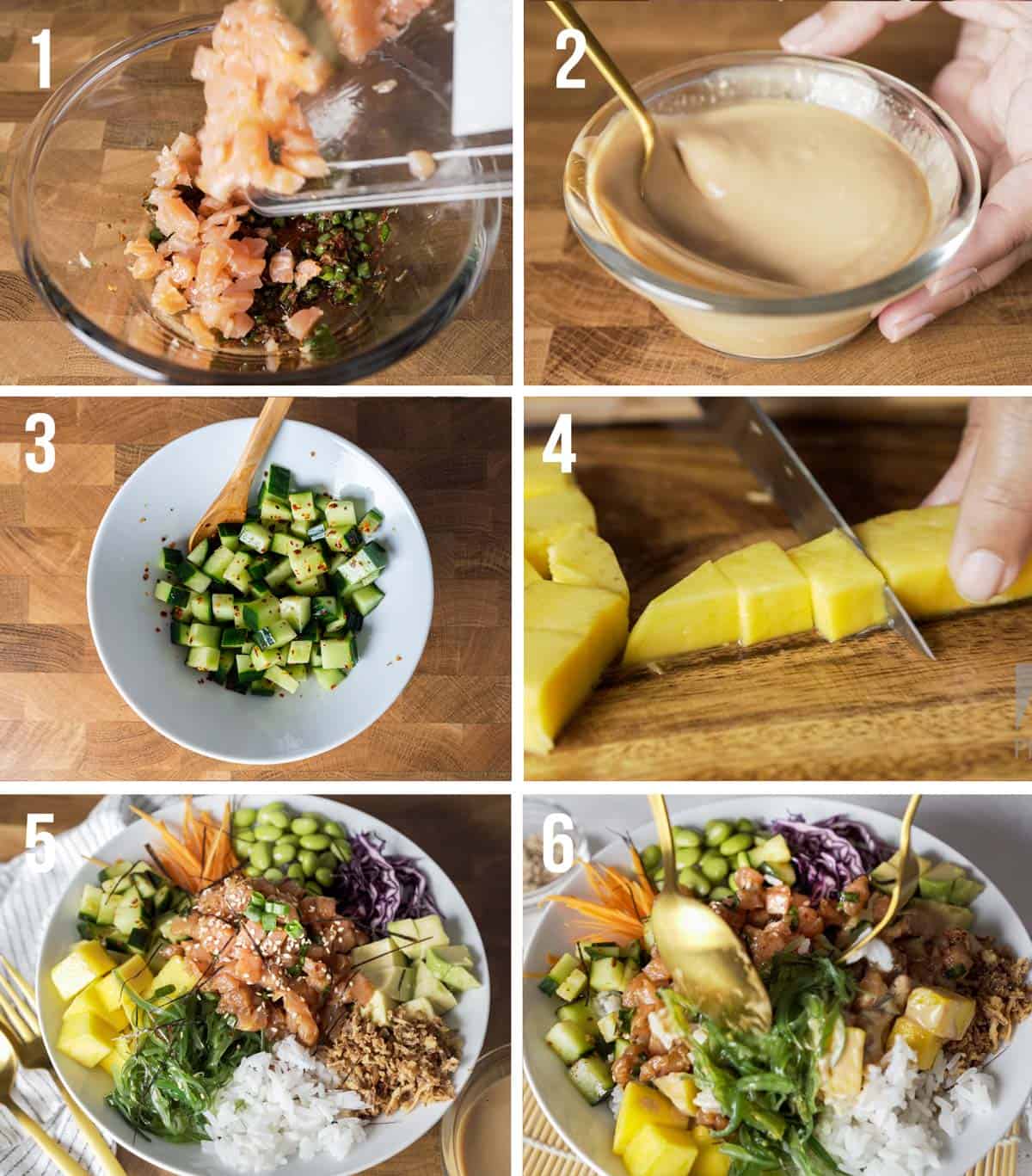 Steps by steps photo on how to make spicy salmon poke bowl.