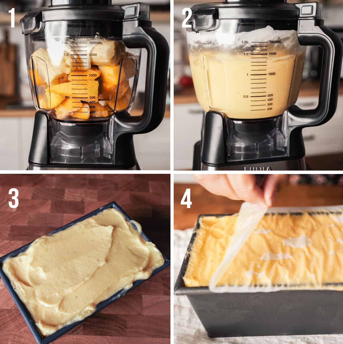 Step by step photo on how to make healthy no-churn mango ice cream.