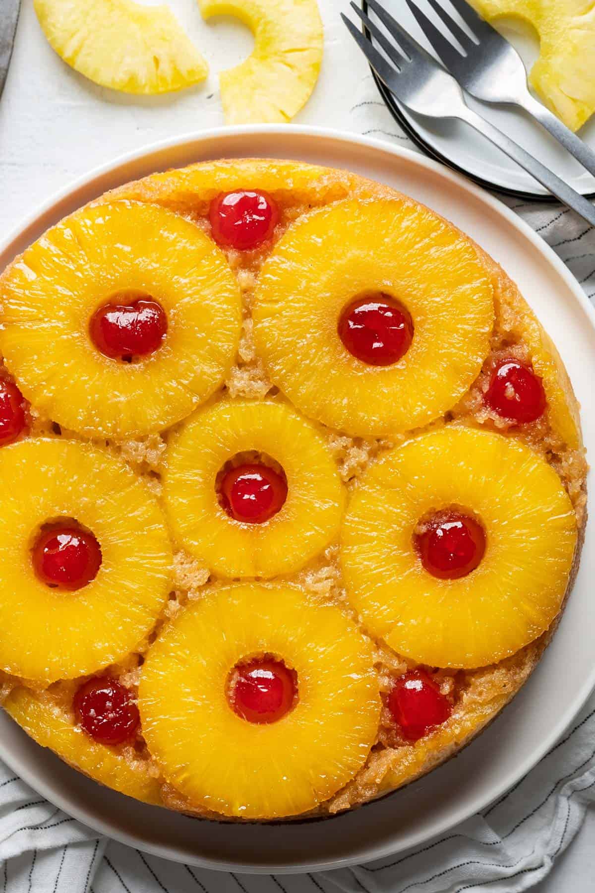 Healthy pineapple upside down cake in a plate view from top.