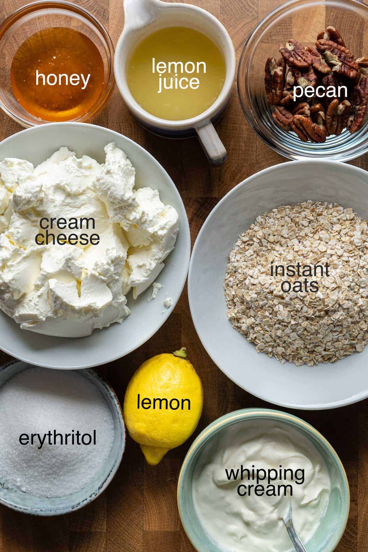 Ingredients to make healthy no-bake lemon cheesecake cups.