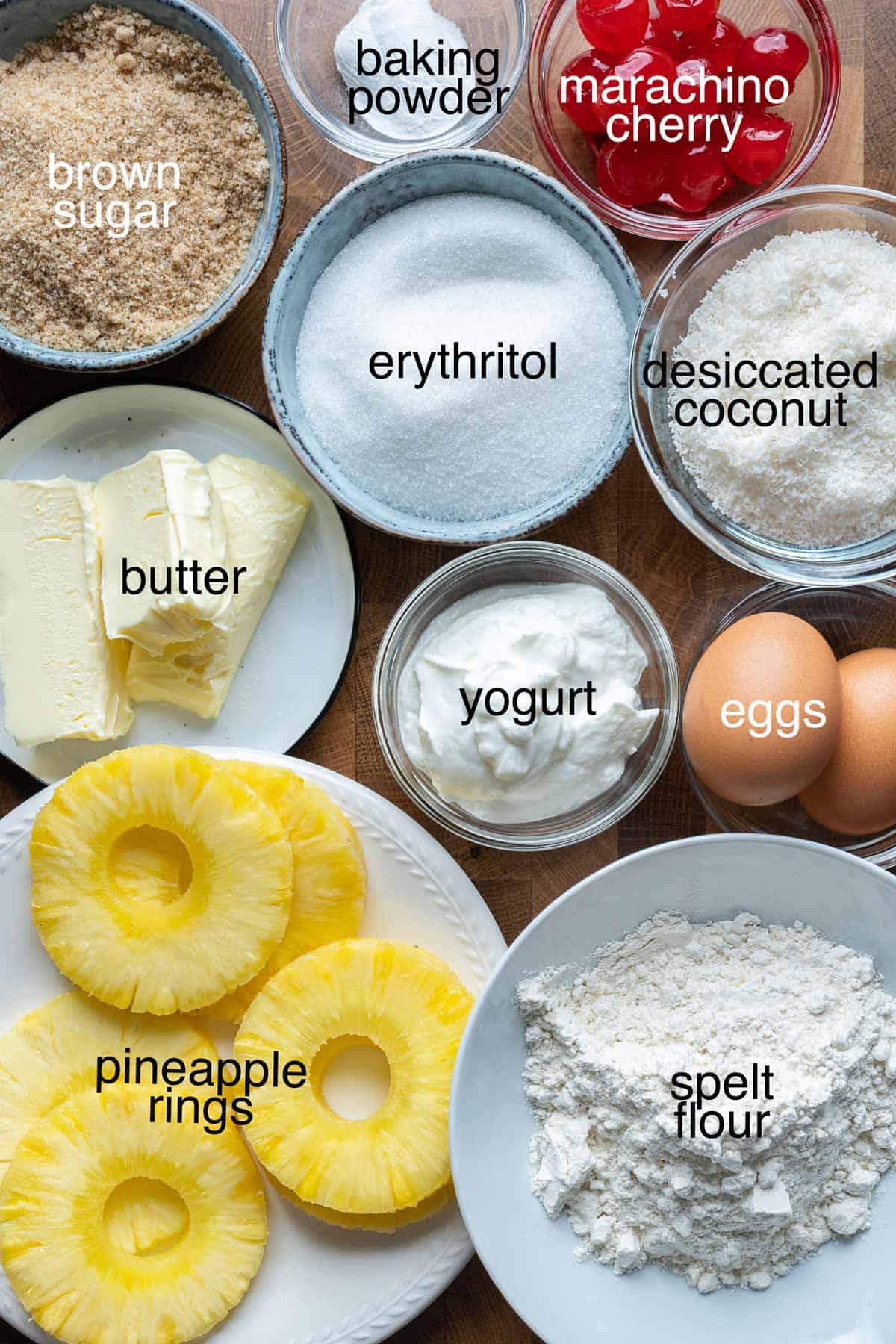 Ingredients to make healthy pineapple upside down cake.