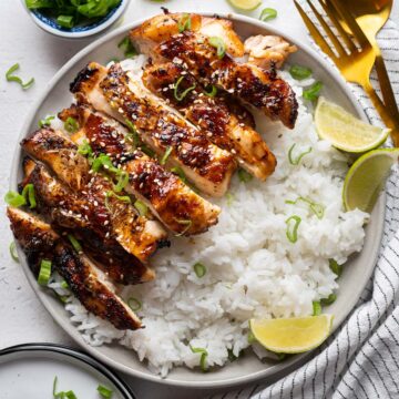 RC Sliced air-fryer soy sauce chicken with some rice in a plate view from top.