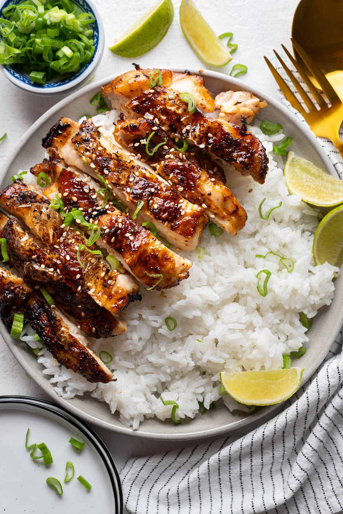 Sliced air-fryer soy sauce chicken with some rice in a plate view from top.