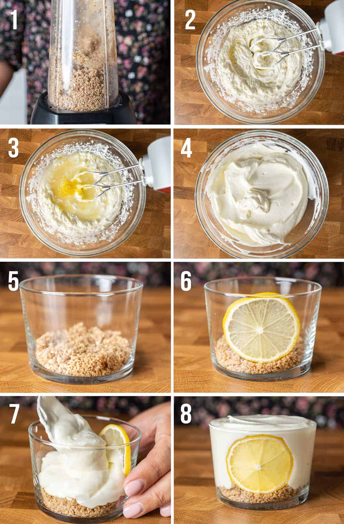 Steps on how to make healthy no-bake lemon cheesecake cups.