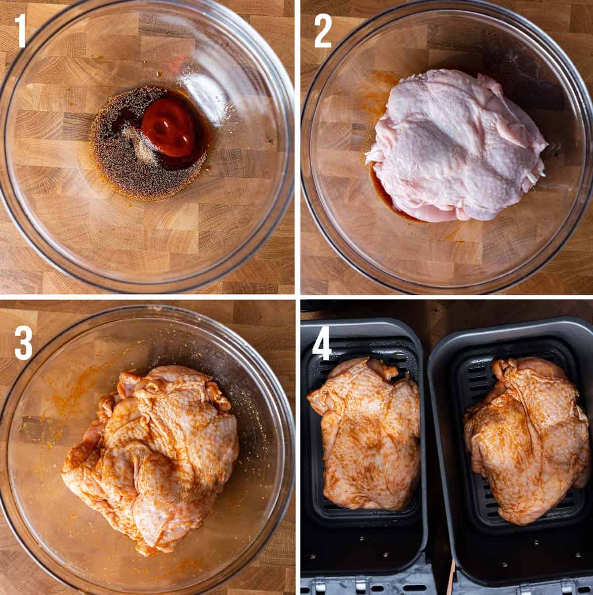 Steps photos on how to make air-fryer soy sauce chicken.