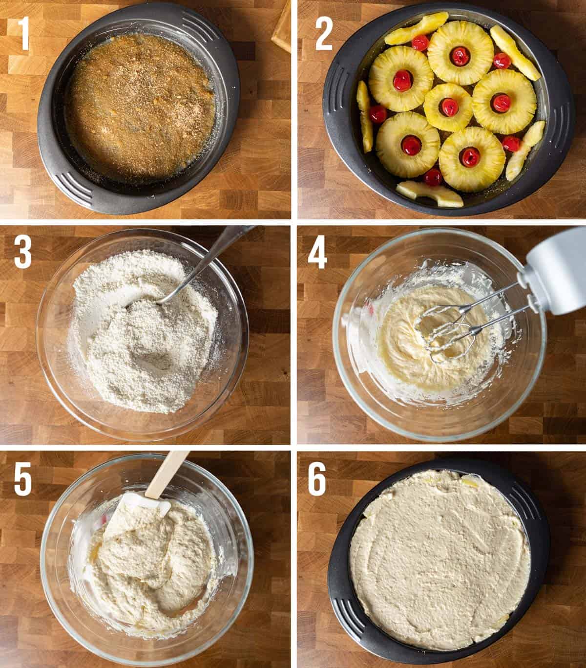 Steps photos on how to make healthy pineapple upside down cake.