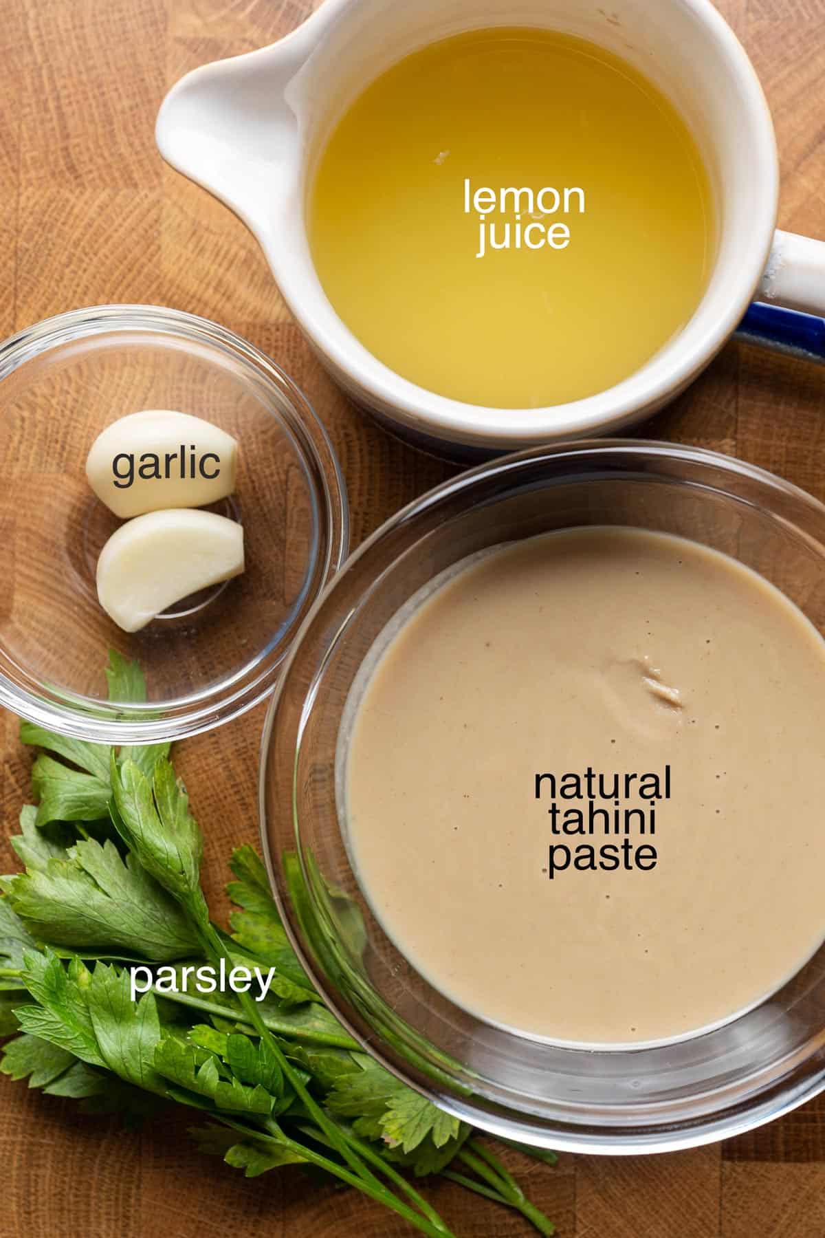 Ingredients to make 5-minute tahini sauce.