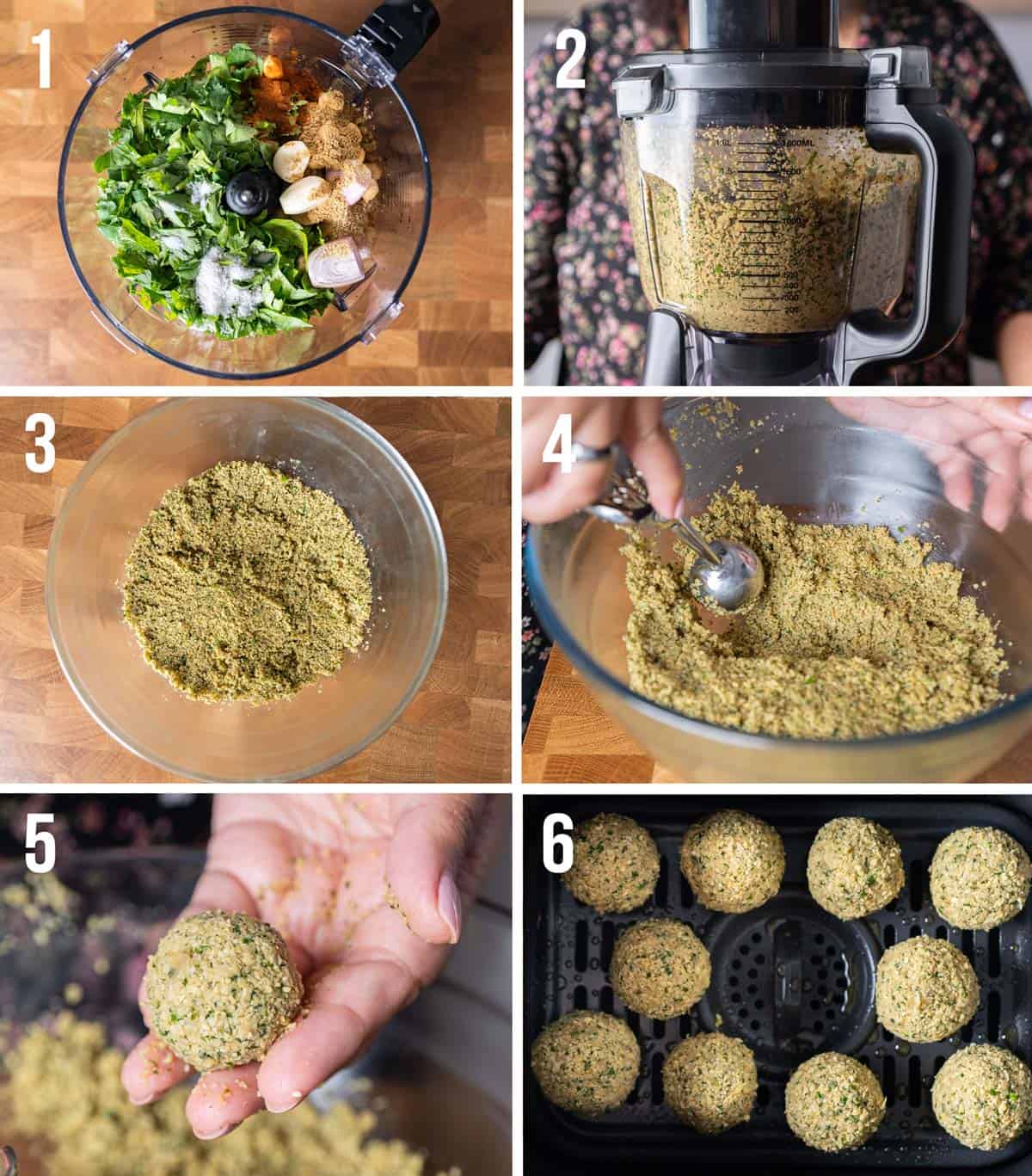 Steps on how to make crispy air-fryer falafel.