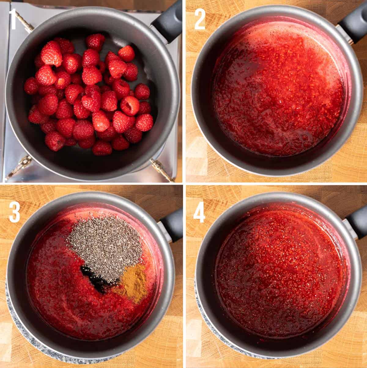Steps on how to make raspberry chia seed jam.