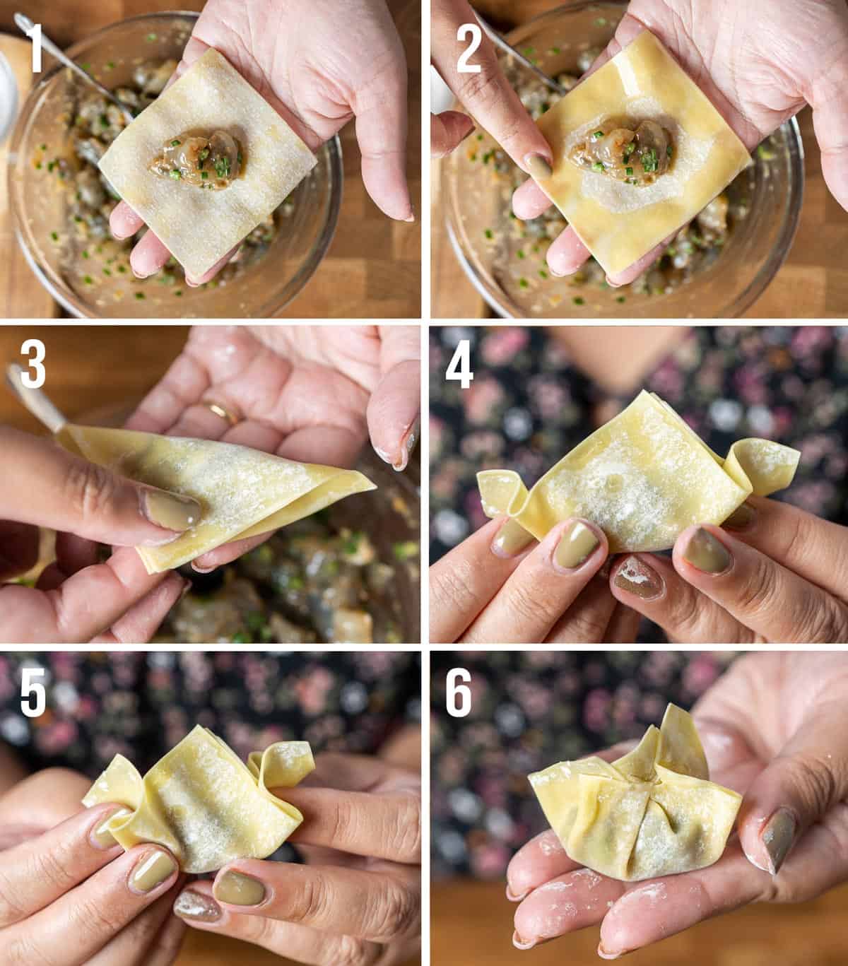 Steps on how to fold shrimp wontons.