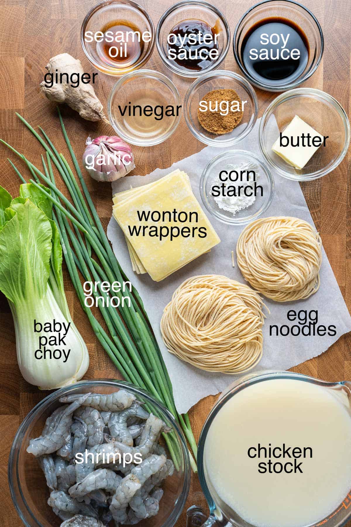 Ingredients to make wonton noodle soup.